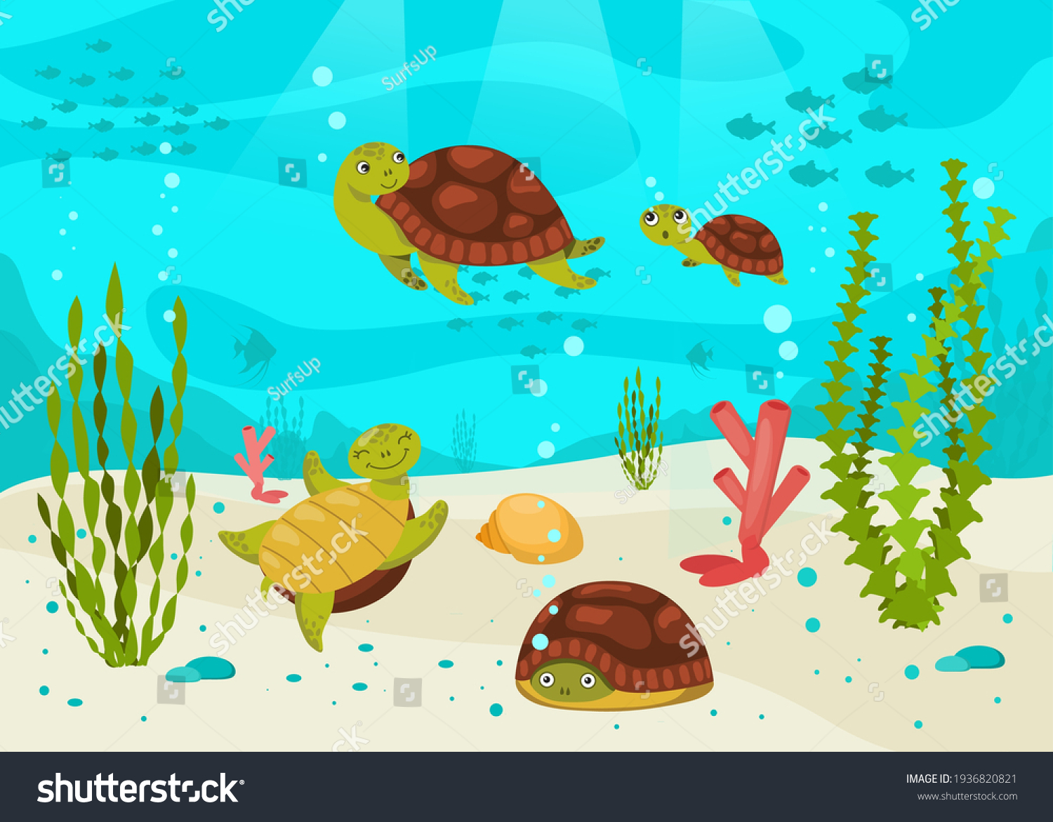 Turtles Swimming Underwater Among Seaweeds Corals Stock Vector (Royalty ...