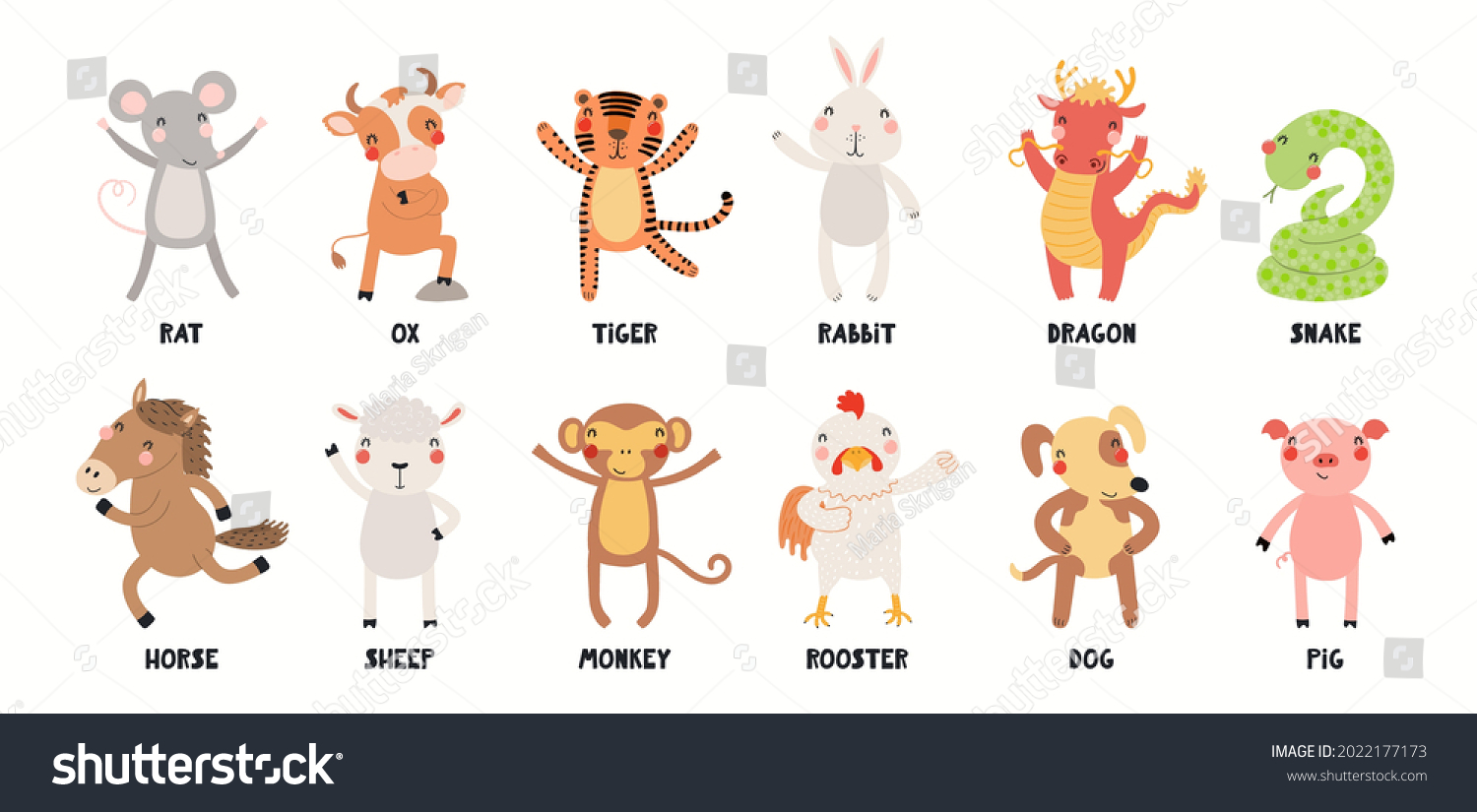 SVG of Twelve animals of Chinese zodiac, cute cartoon Asian astrological signs collection, isolated on white. Hand drawn vector illustration. Flat style design. New Year card, banner, horoscope element. svg