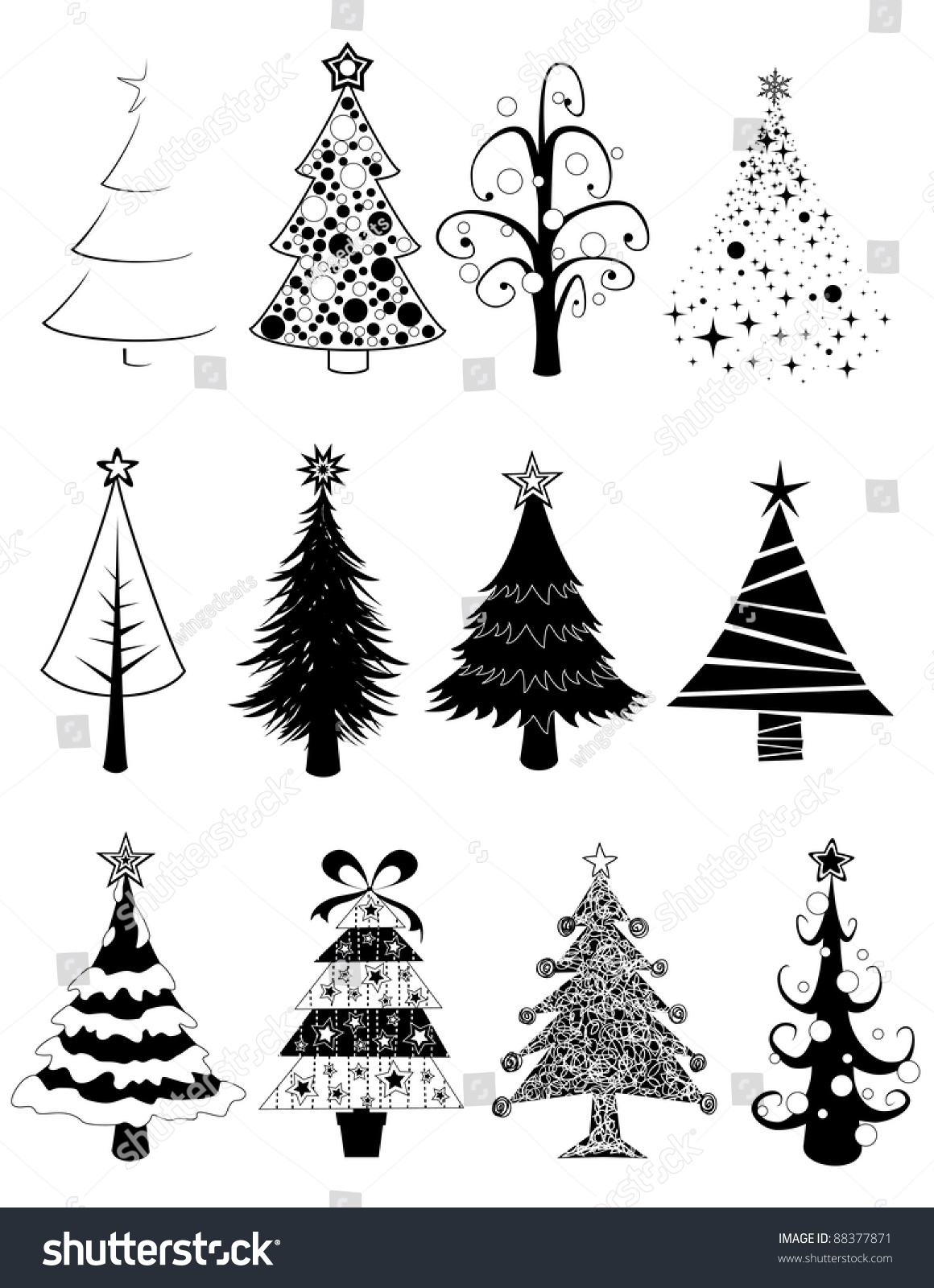 Twelve Black White Isolated Christmas Tree Stock Vector 88377871 ...