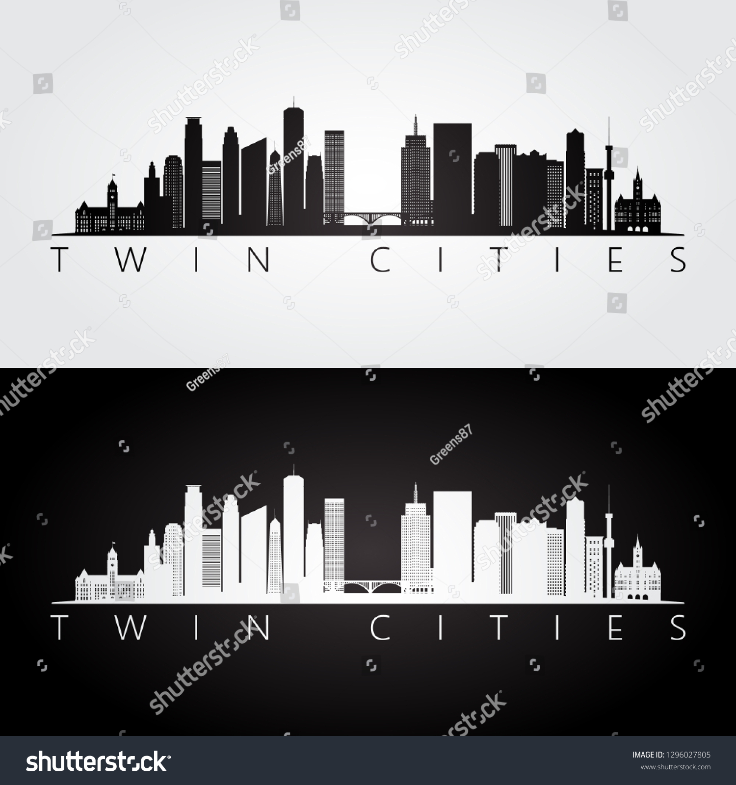 Twin Cities Usa Skyline Landmarks Silhouette Stock Vector (Royalty Free