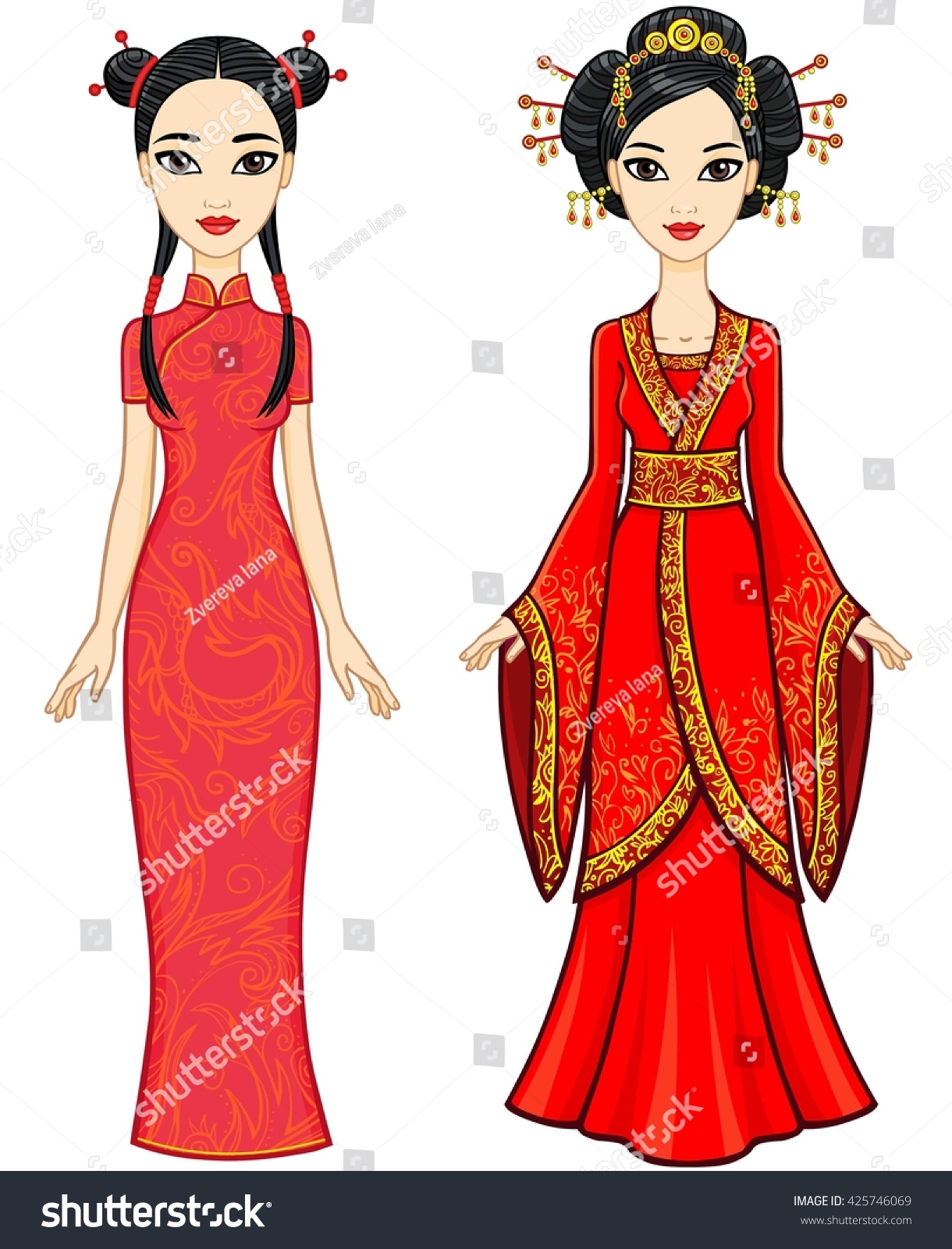 Two Animation Chinese Girls Traditional Clothes Vector Có Sẵn Miễn Phí Bản Quyền 425746069 7417