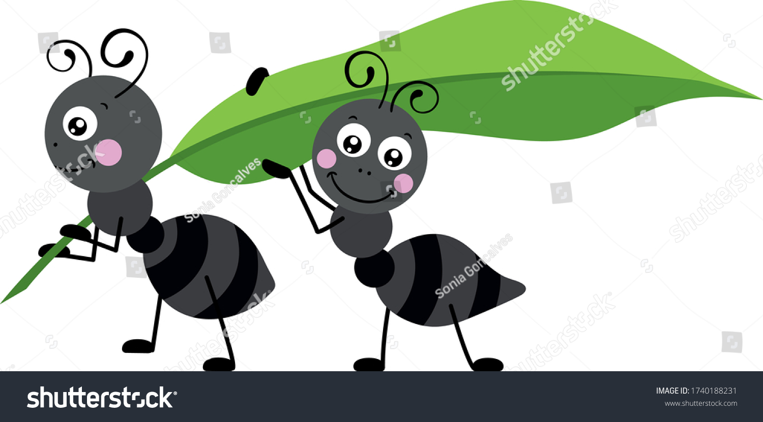 cartoon ants carrying green leaf clip art preview
