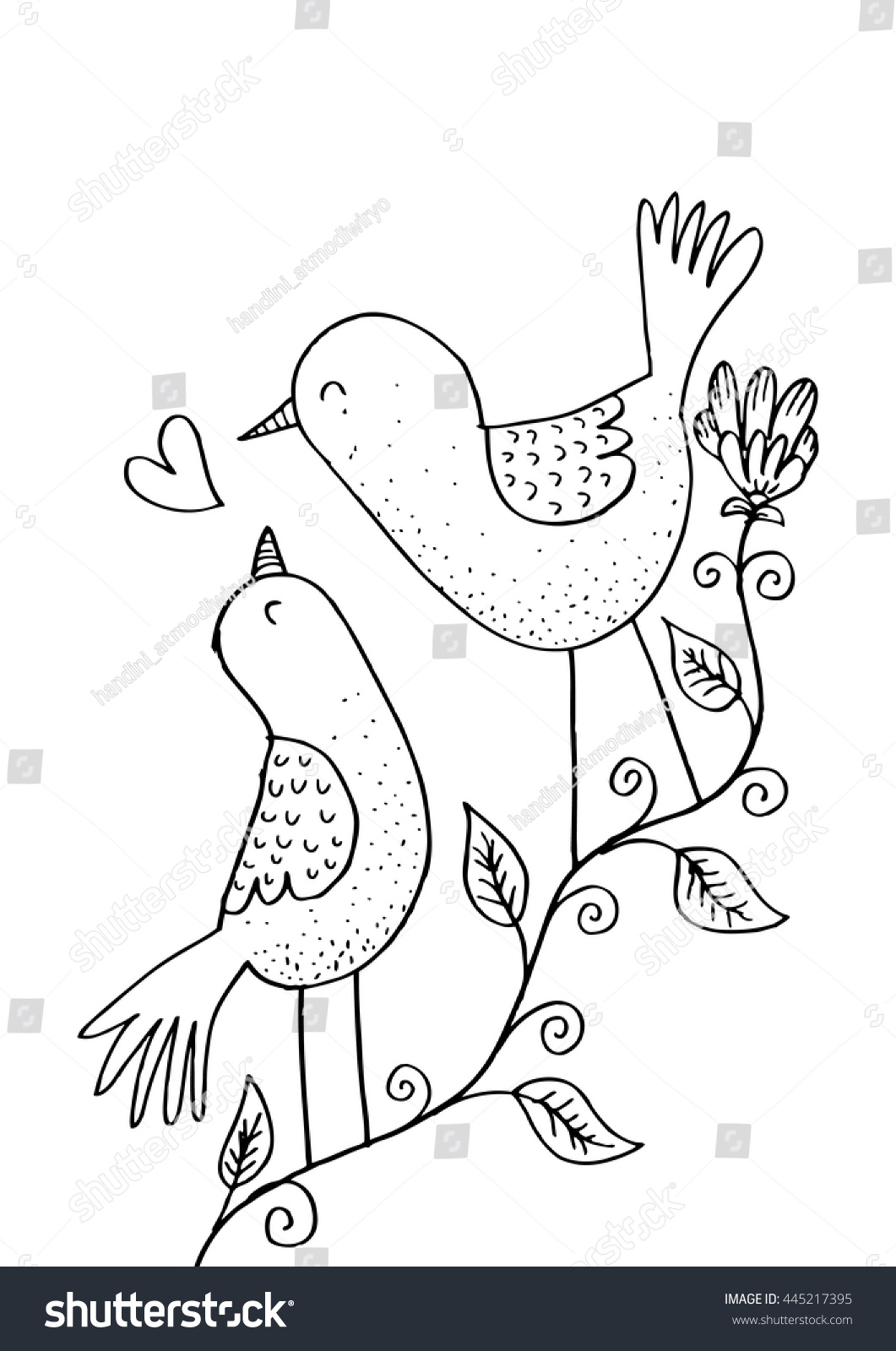 Two Birds On Branch Hand Drawing Stock Vector (Royalty Free) 445217395