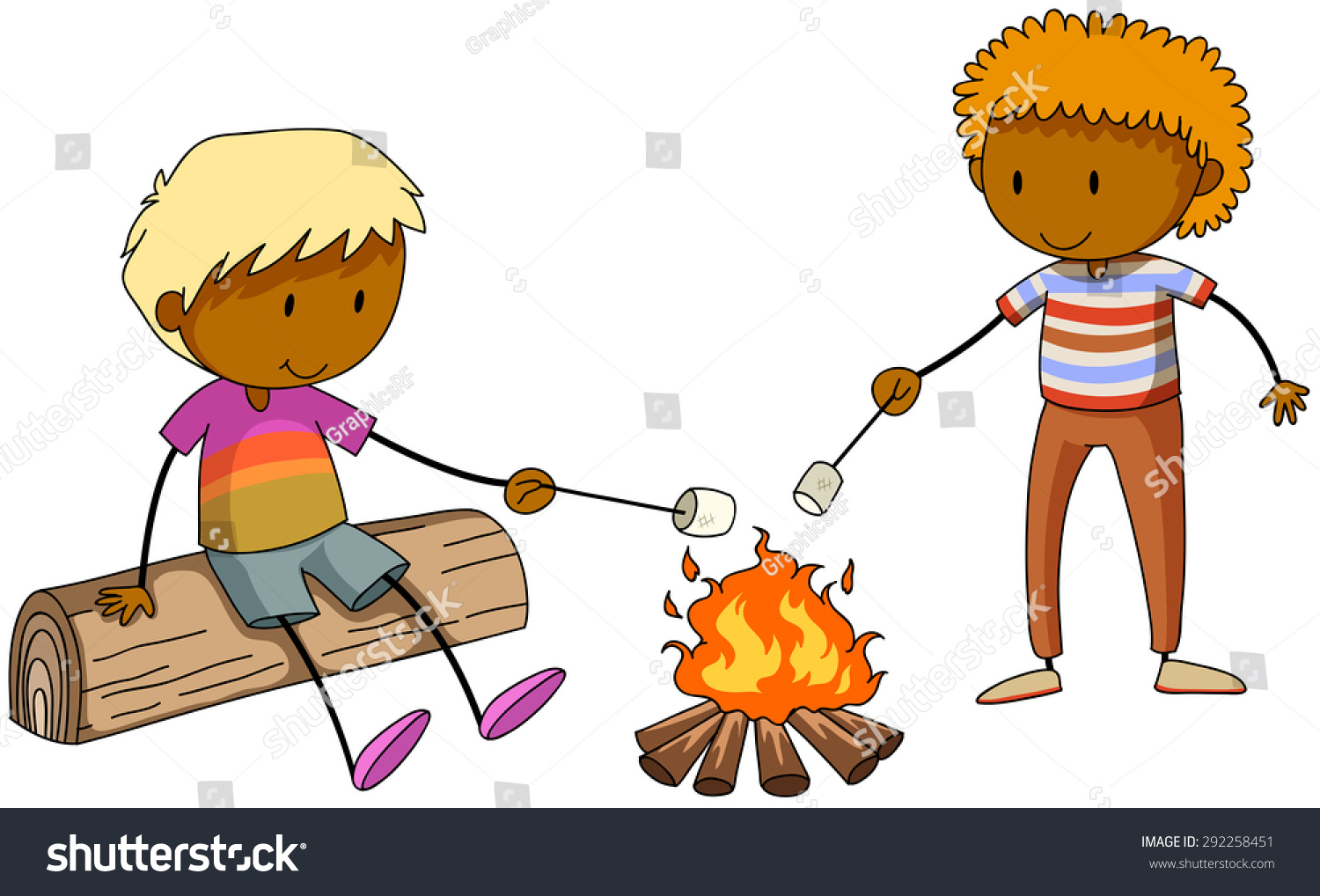 焚き火でマシュマロを燃やす2人の少年 のベクター画像素材 ロイヤリティフリー
