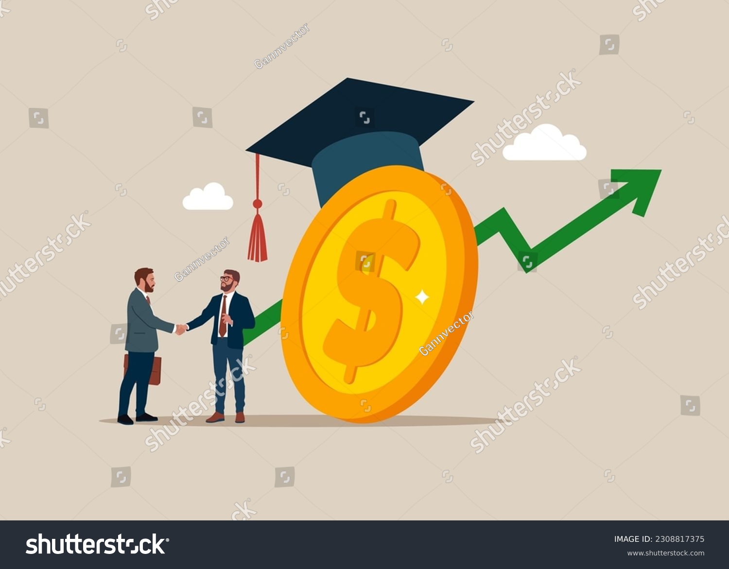 SVG of Two businessmen with big dollar coin wearing academic graduation mortarboard hat. Payment for education. Tuition fees, scholarship. Businessman student with diploma. MBA. Vector illustration svg