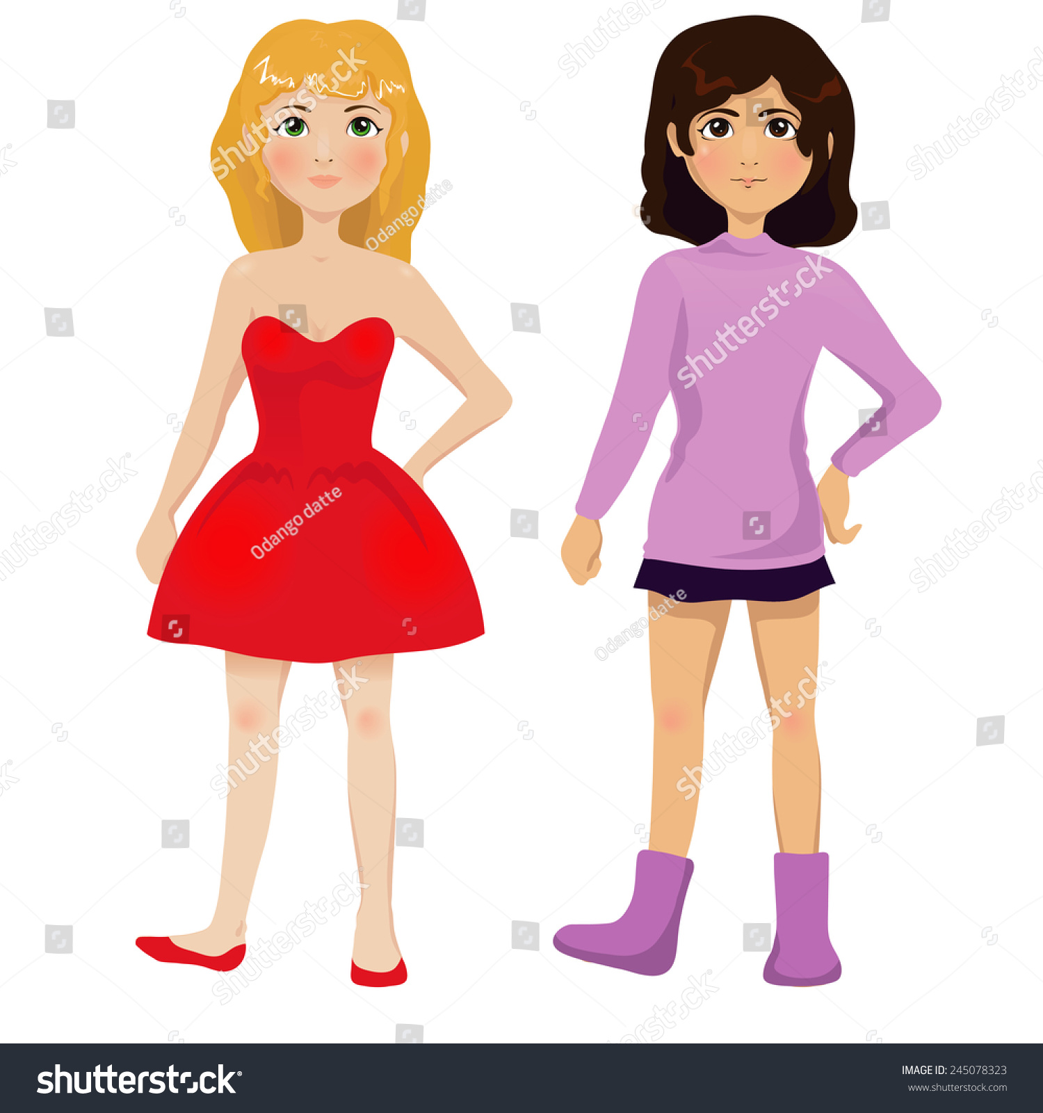 Two Cartoon Girls Blonde Dark Brown Stock Vector Royalty Free