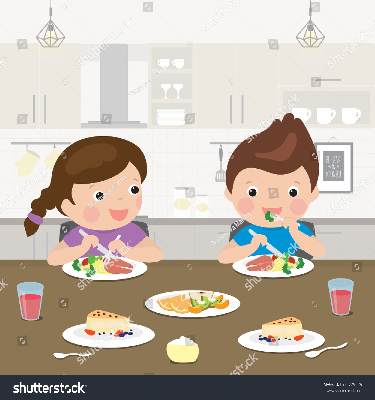 Two Cartoon Preschoolers Have Lunch Healthy Stock Vector (Royalty Free ...