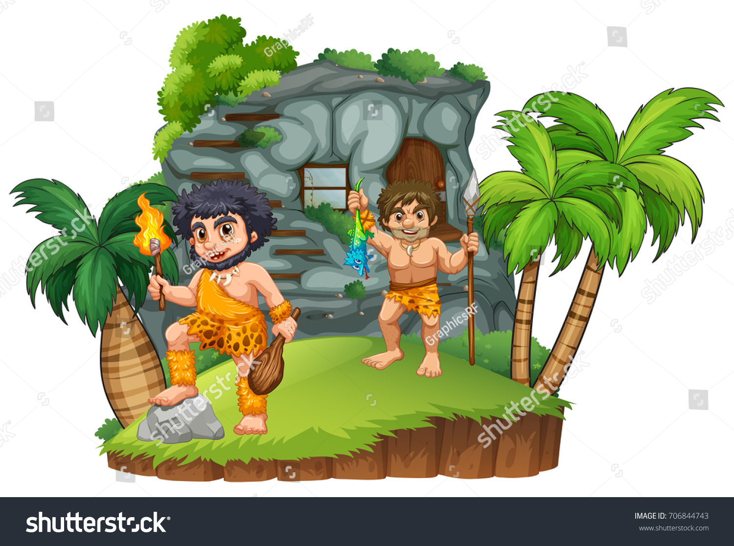 Two Cavemen Rocky House Illustration Stock Vector Royalty Free 706844743