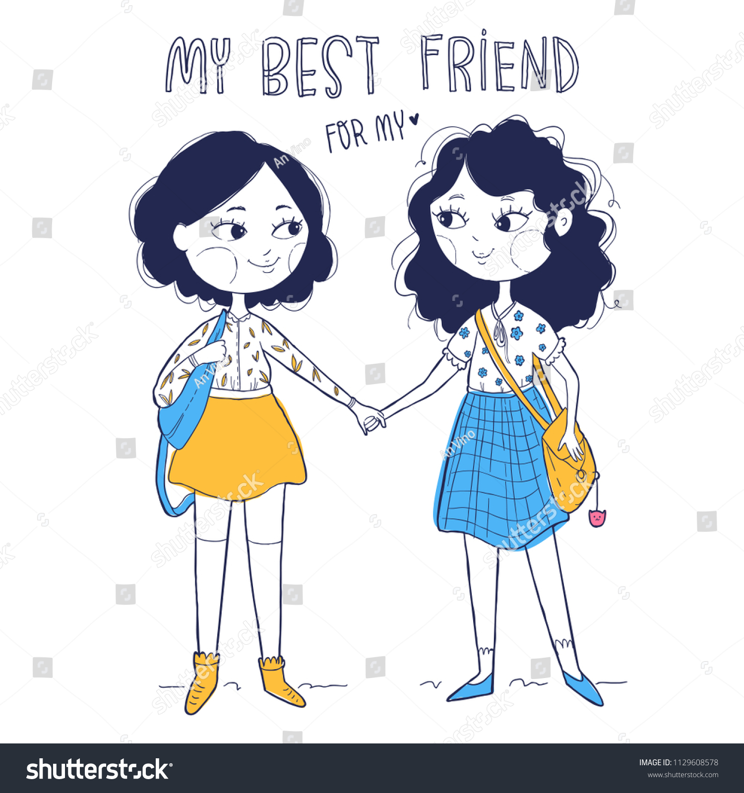 Two Color Happy Hand Drawn Cute Stock Vector (Royalty Free) 1129608578