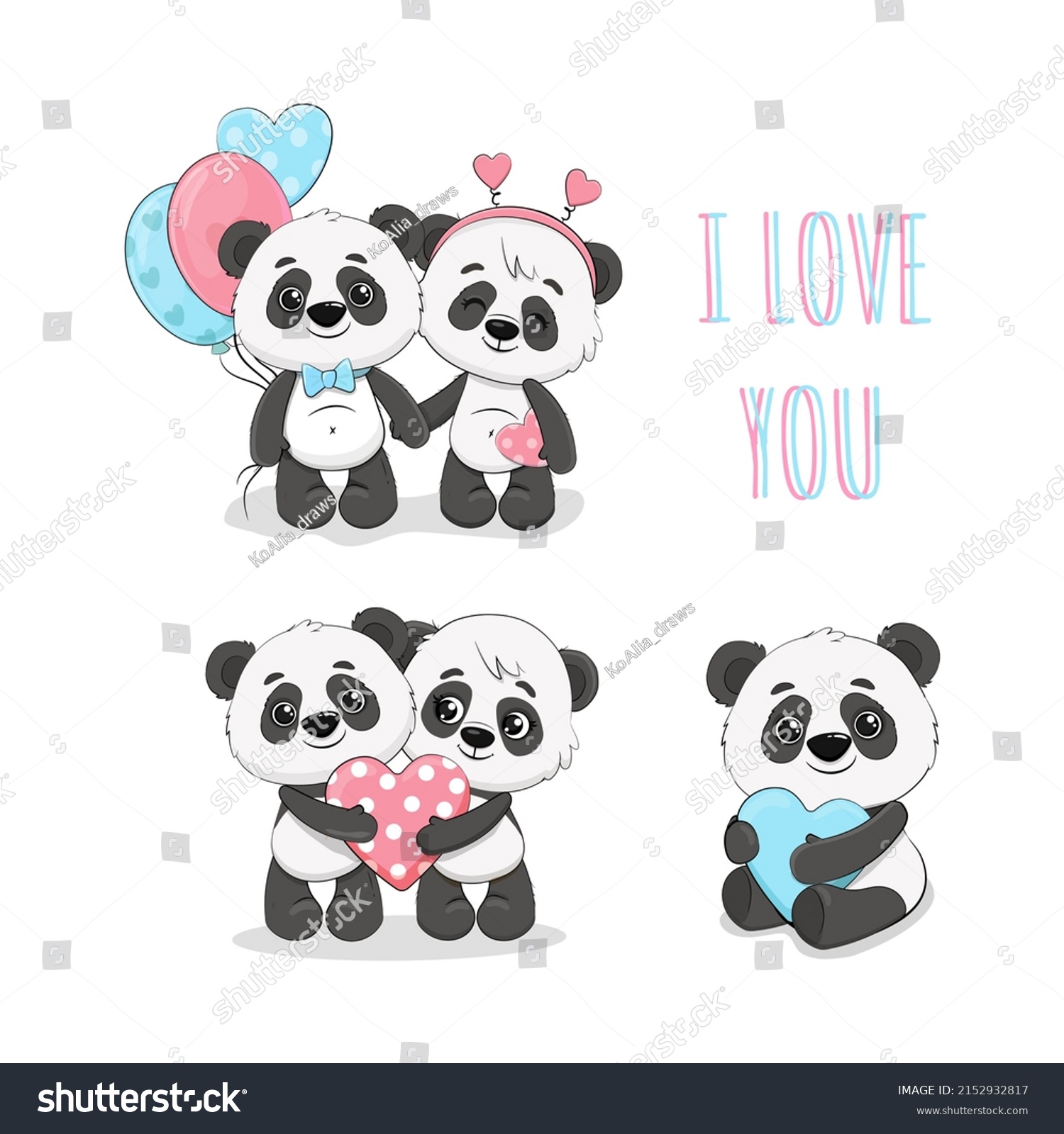 Two Cute Cartoon Pandas Balloons Hearts Stock Vector Royalty Free 2152932817 Shutterstock 