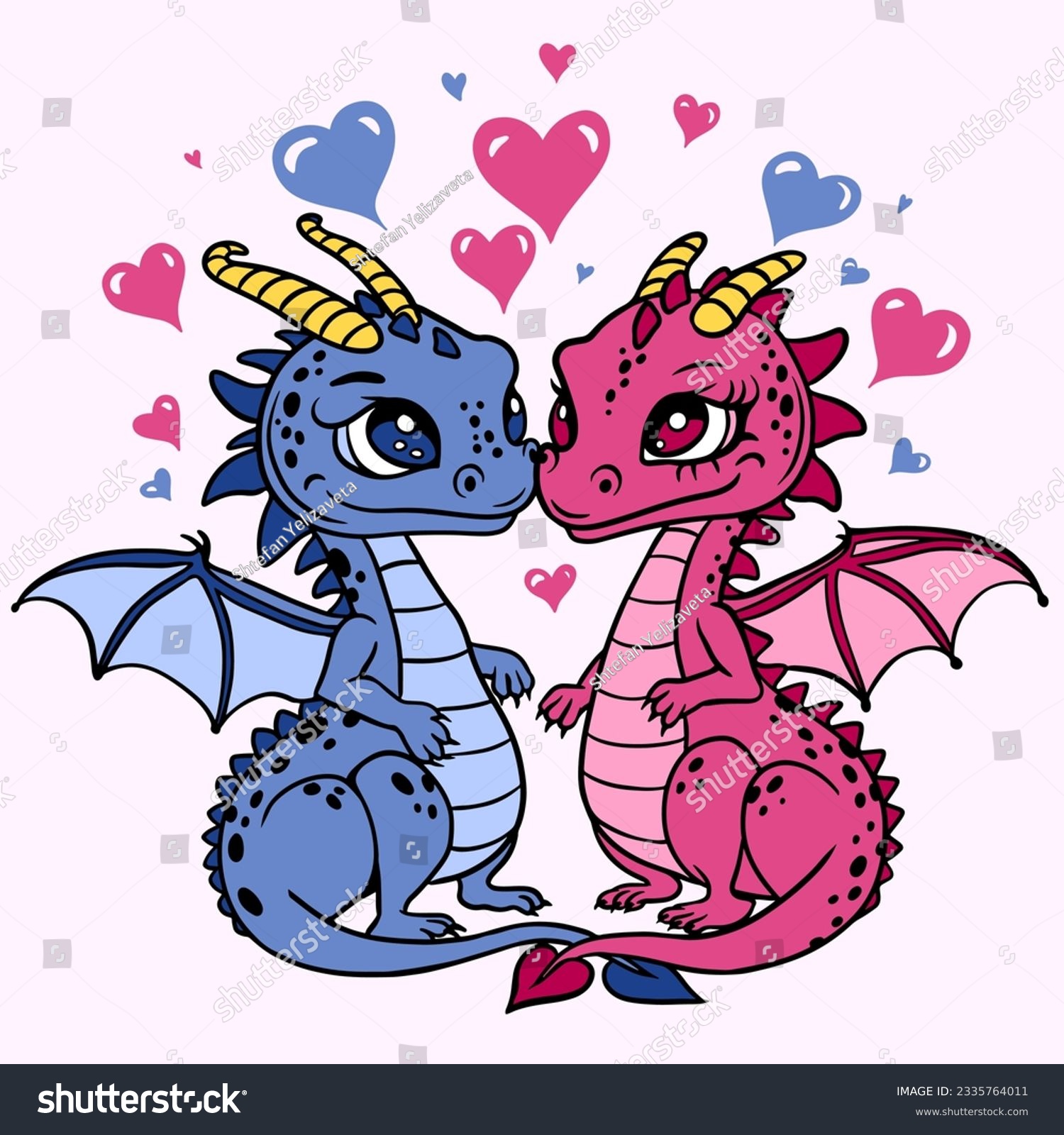 SVG of Two cute dragons, couple of mythical creatures in love.Cute cartoon couple of dragons. Vector illustration on a white background with hearts.For Print, Vinyl Cutting, Scrapbooking, Sticker, T shirt svg