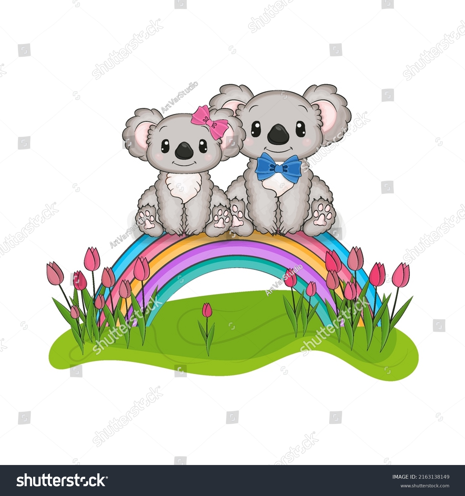 SVG of Two cute koalas are sitting on a rainbow. Vector illustration of a cute animal. Cute little illustration of koala for kids, baby book, fairy tales, covers, baby shower invitation, textile t-shirt. svg