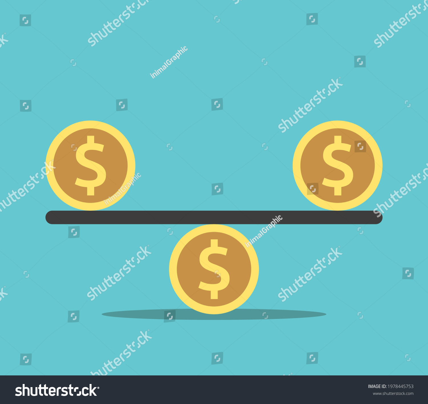 SVG of Two dollar coins on seesaw weight scale balanced on another coin. Greed, injustice, corruption, values and budget concept. Flat design. EPS 8 vector illustration, no transparency, no gradients svg
