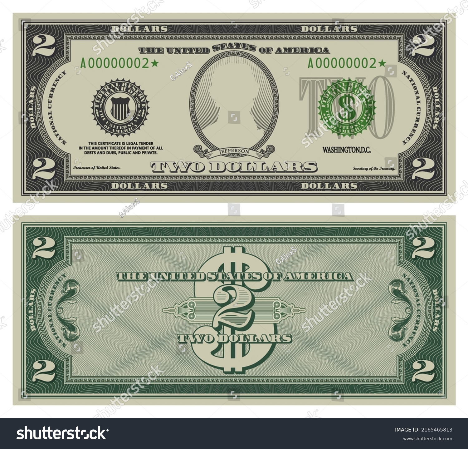 SVG of Two dollars banknote. Gray obverse and green reverse fictional US paper money in style of vintage american cash. Frame with guilloche mesh and bank seals. Jefferson svg