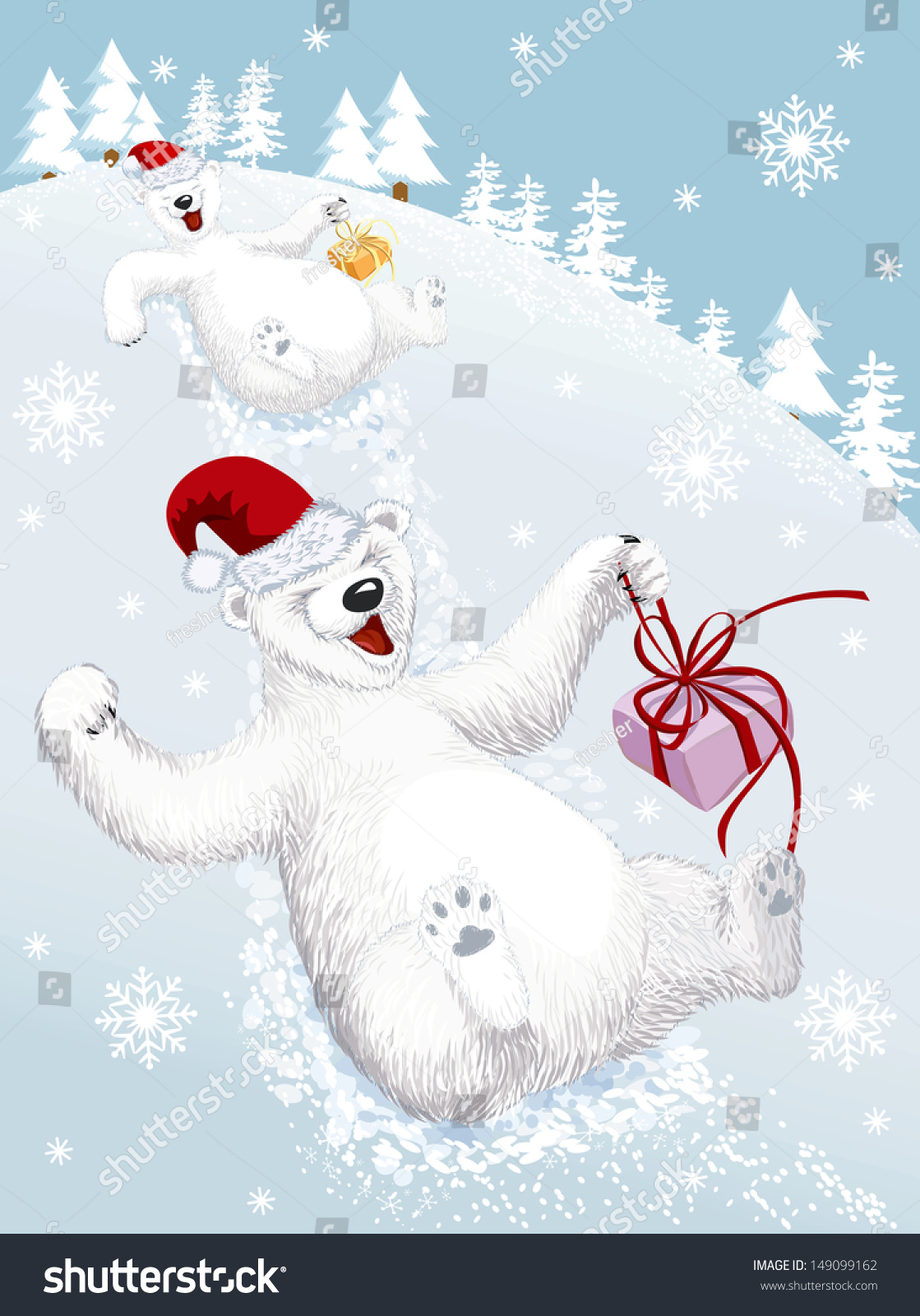 Two Funny Polar Bears Sliding Down From A Snowy Hill Stock Vector ...