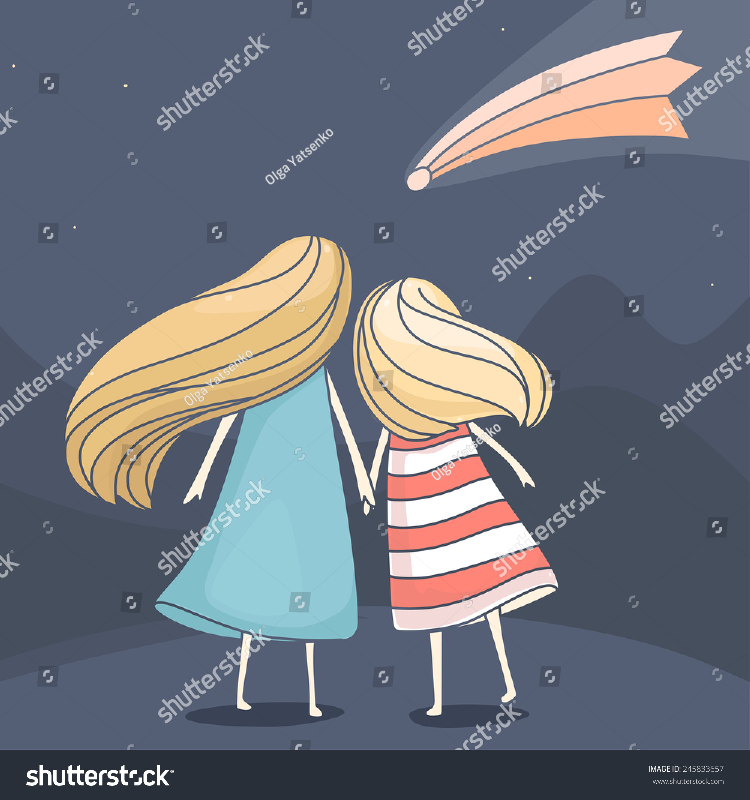 Two Girl Friends Looking At A Falling Comet In The Sky At Night. Vector ...