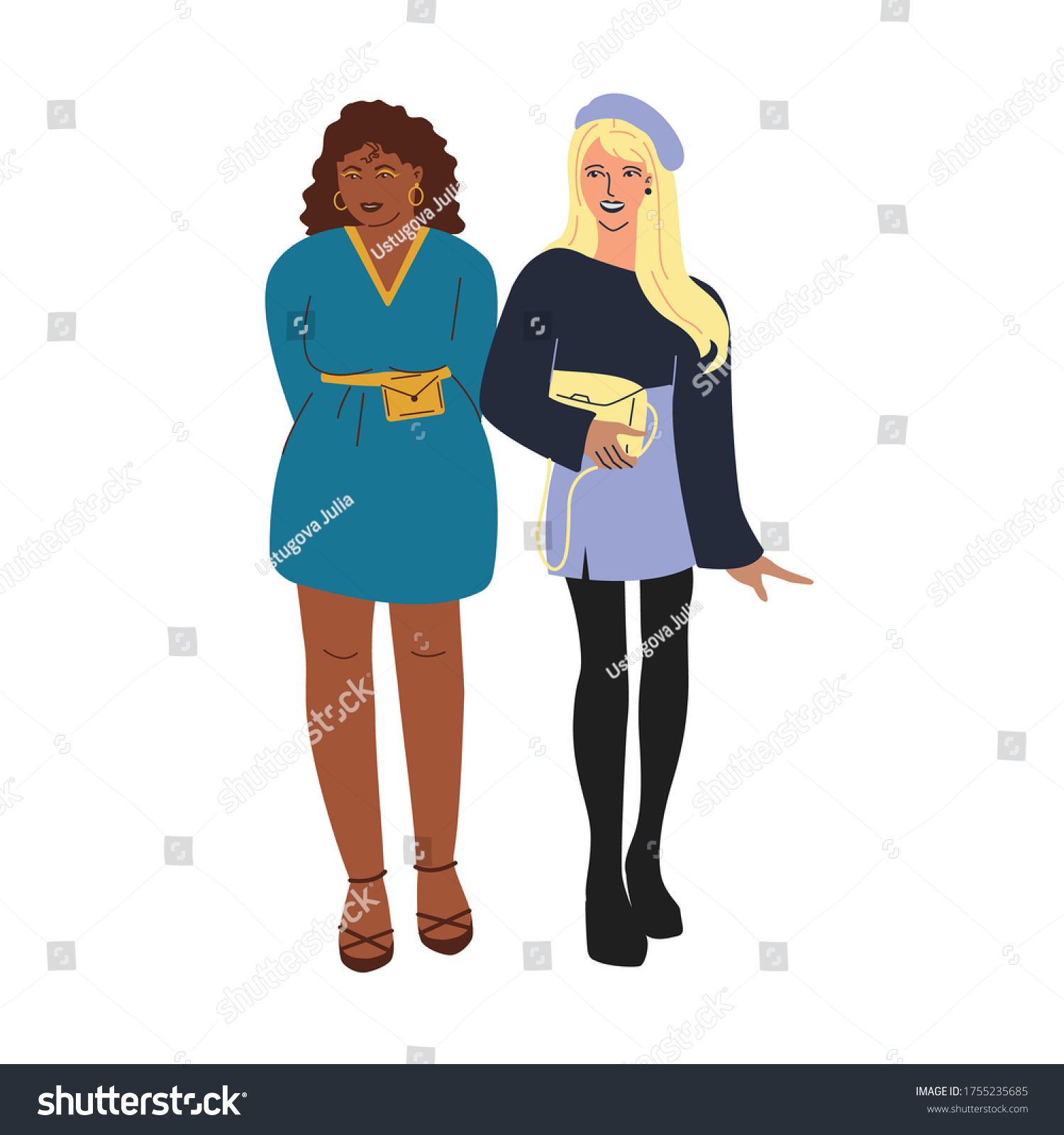 Two Girls Friends Black White Young Stock Vector Royalty Free 1755235685