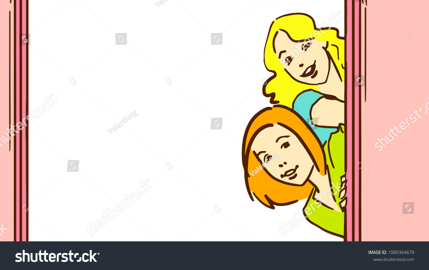 Two Girls Peeping Out Open Door Vector De Stock Libre De Regalías