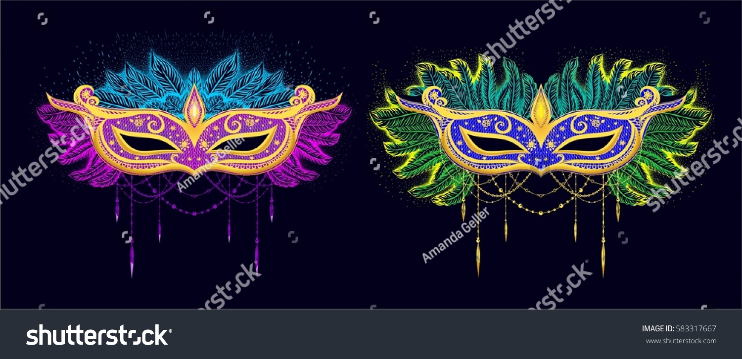 Two Gold Carnival Masks On Black Stock Vector (Royalty Free) 583317667 ...