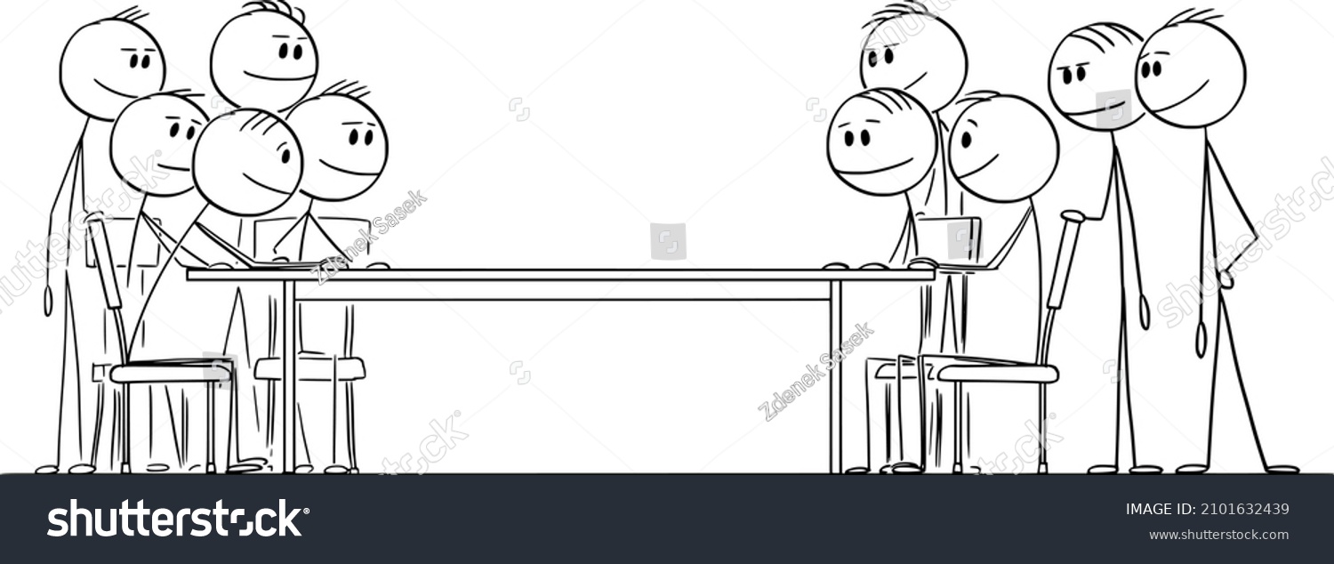 SVG of Two group of politicians or businessmen or people are negotiating, vector cartoon stick figure or character illustration. svg