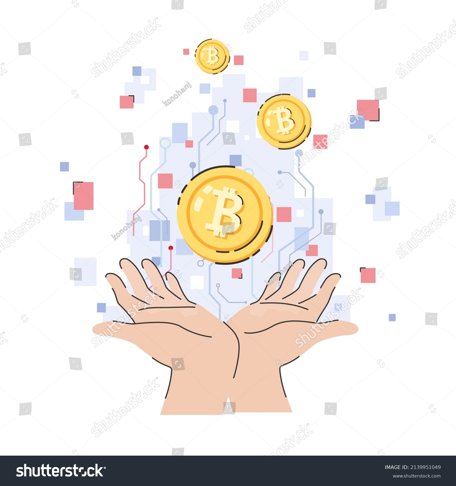 SVG of Two hands holding cryptocurrency coins on digital circuit background cartoon flat vector illustration isolated on white background. Cryptocurrency investment in modern technology concept. svg