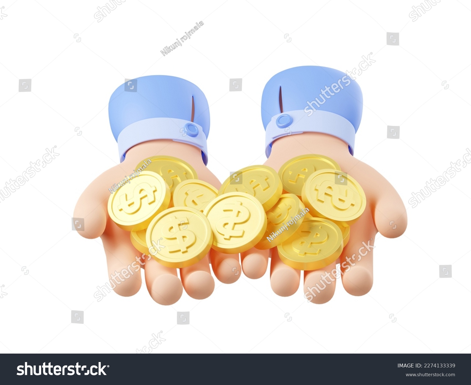 SVG of Two hands with pile of gold coins. Concept of money cash, wealth, financial success, savings or charity. Heap of dollar coins on human palms, 3d render illustration isolated on white background svg