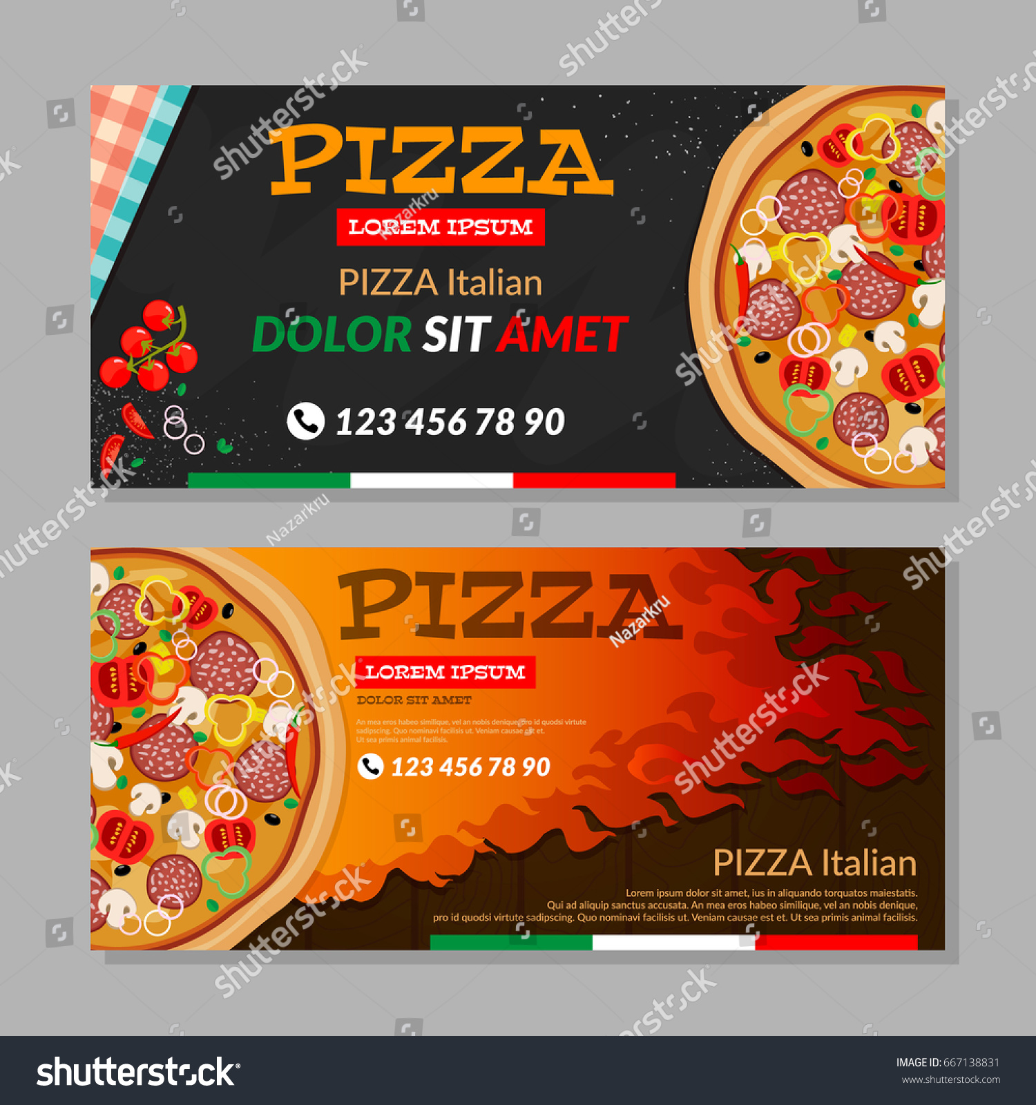 Vector De Stock Libre De Regalias Sobre Two Horizontal Vector Flyers Pizza Fire