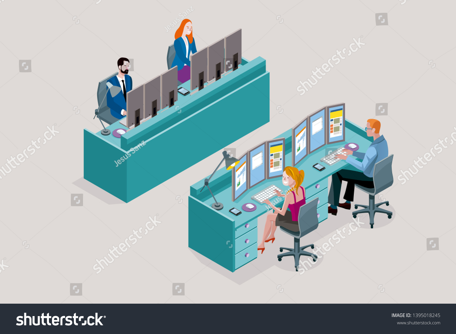 Two Isometric Flat Desk Multiple Sitting Stock Image Download Now