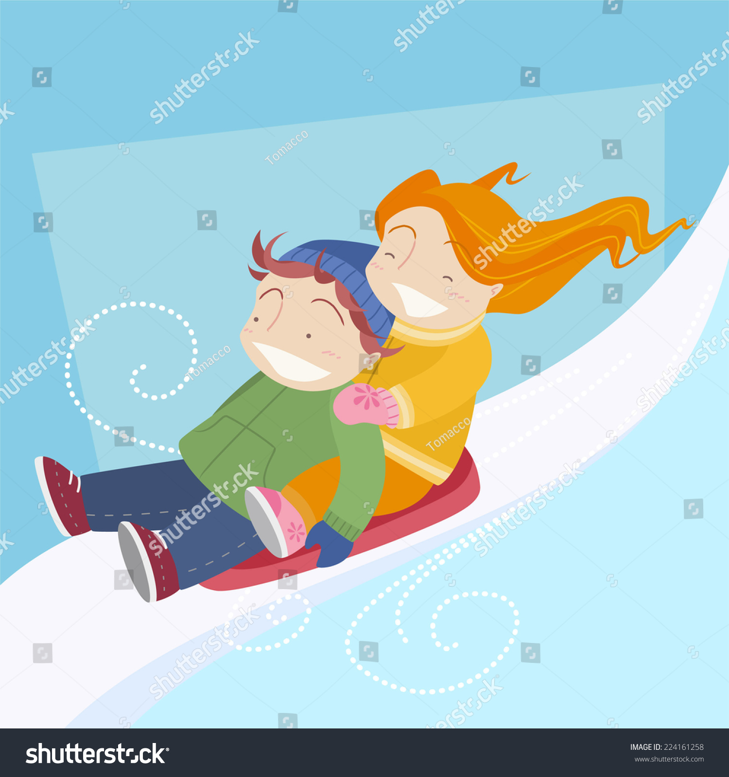 Two Kids Skiing Toboggan Sledding Snow: стоковая векторная графика (без