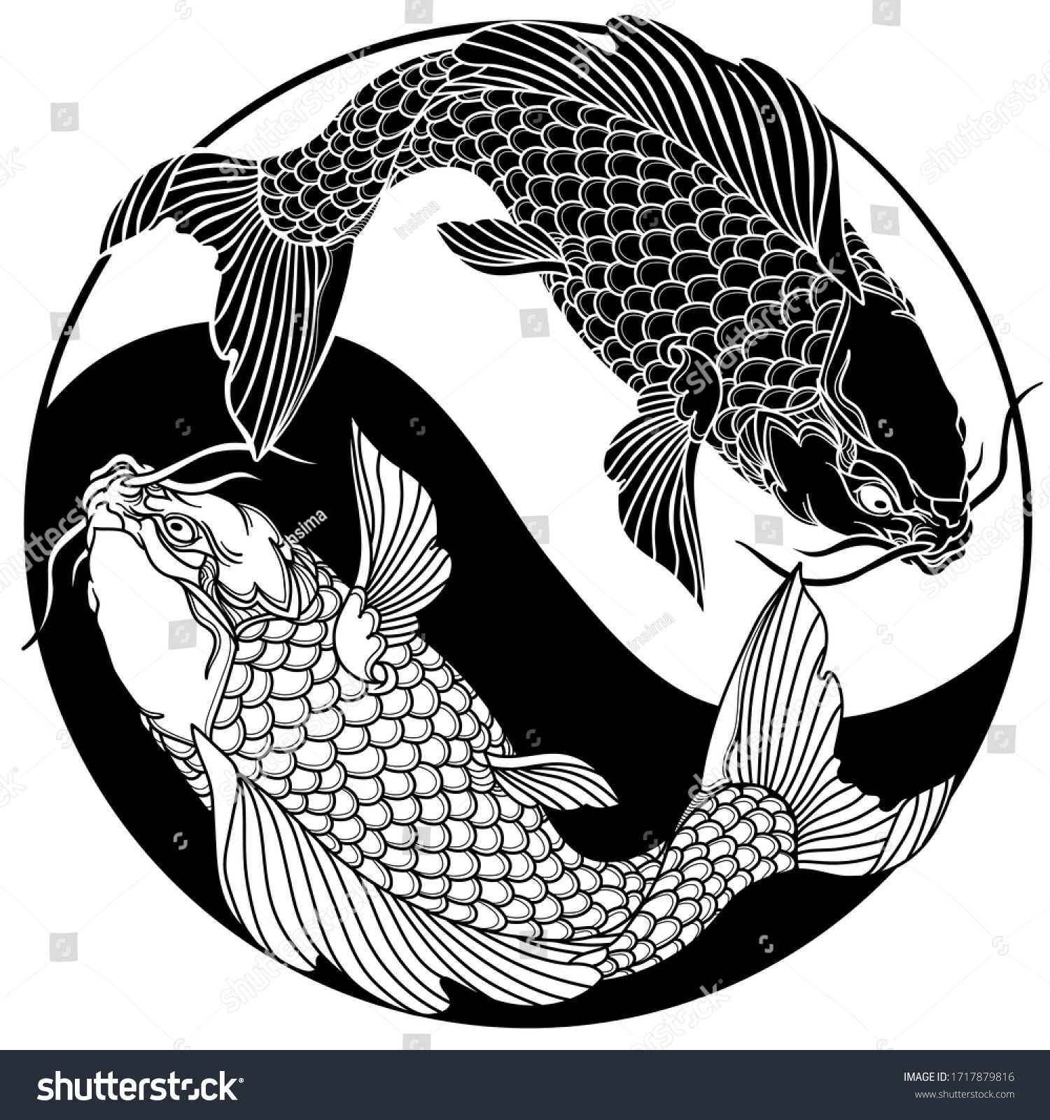 陰陽の丸に2匹の鯉が入る タトゥー 白黒のベクターイラスト のベクター画像素材 ロイヤリティフリー