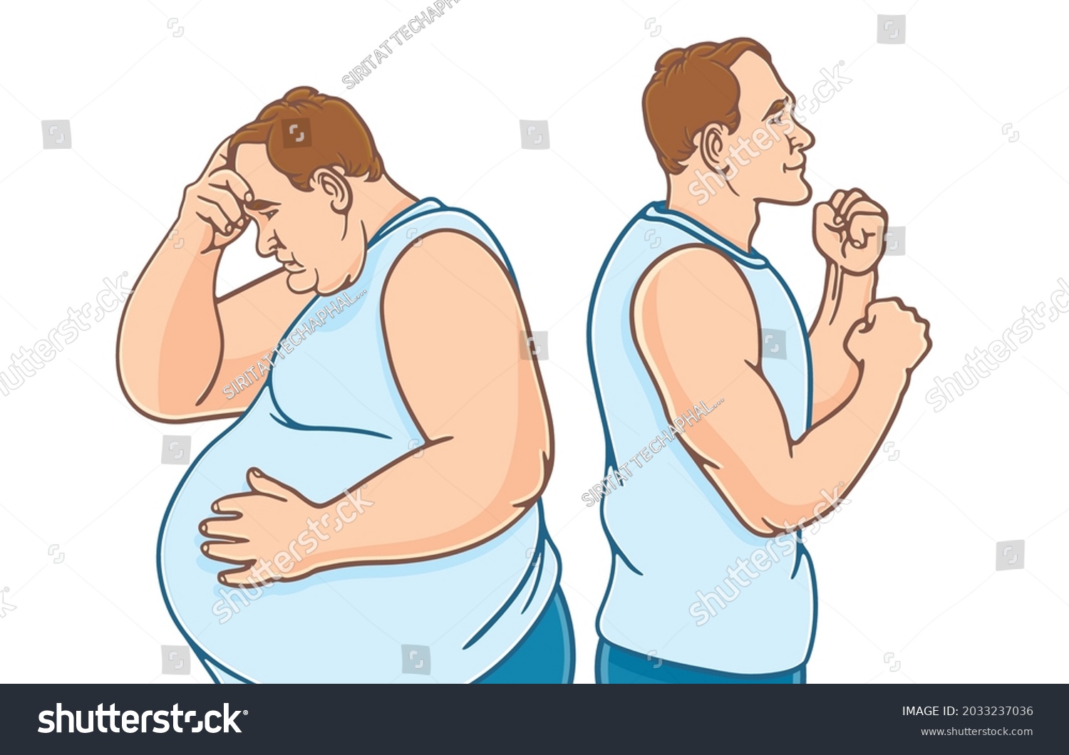 SVG of Two mature men of different body size standing together back to back, fat and lean abdomen, side view, before and after weight loss, Fat people's weight loss problem Concept. Vector illustration. svg