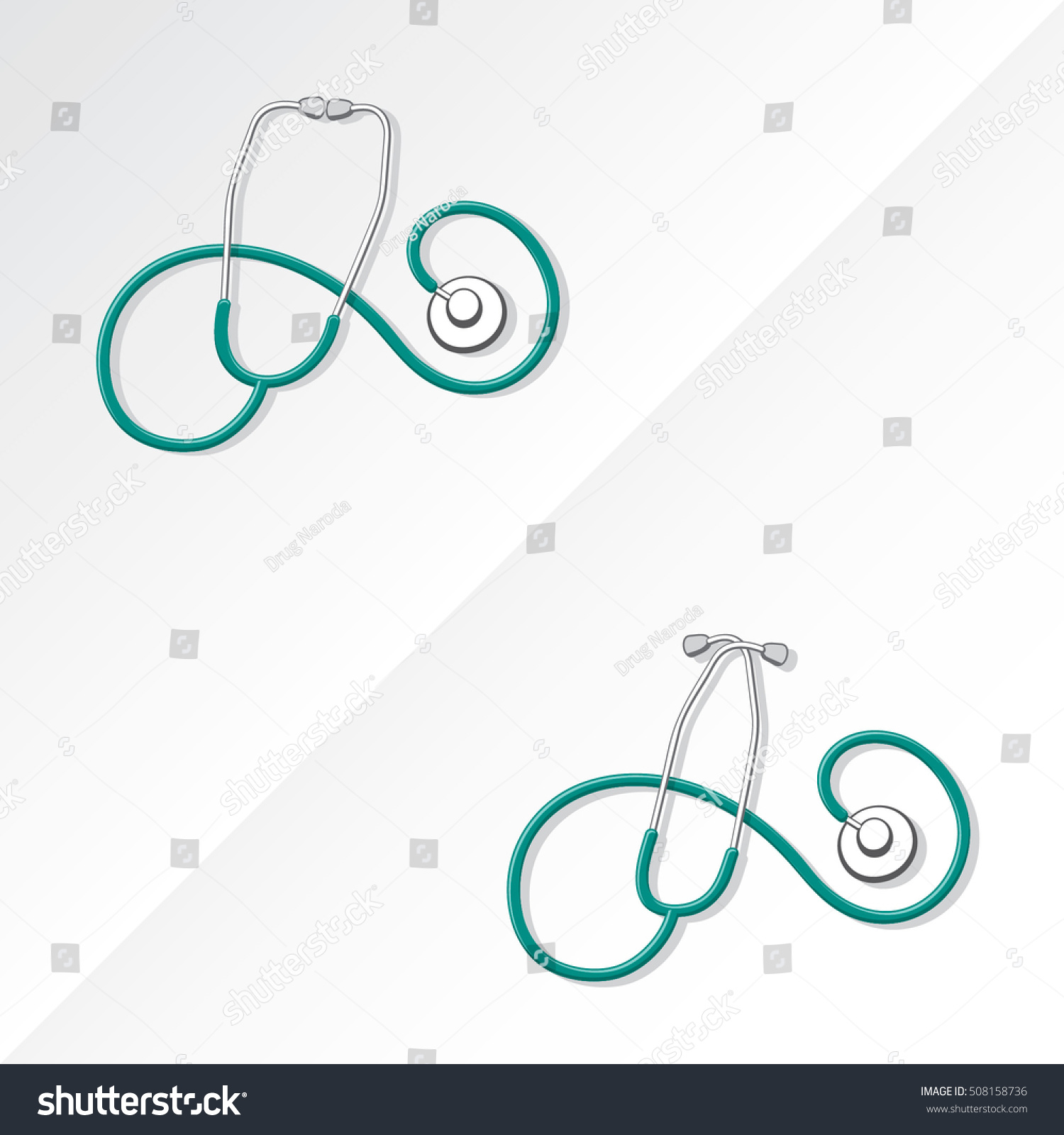 SVG of Two Medical Stethoscopes with Spiral Shape Tubing Icons Set One with Crossed Binaural Another with Eartips Put Together - Grayscale and Turquoise Objects on White Background - Realistic Flat Design svg