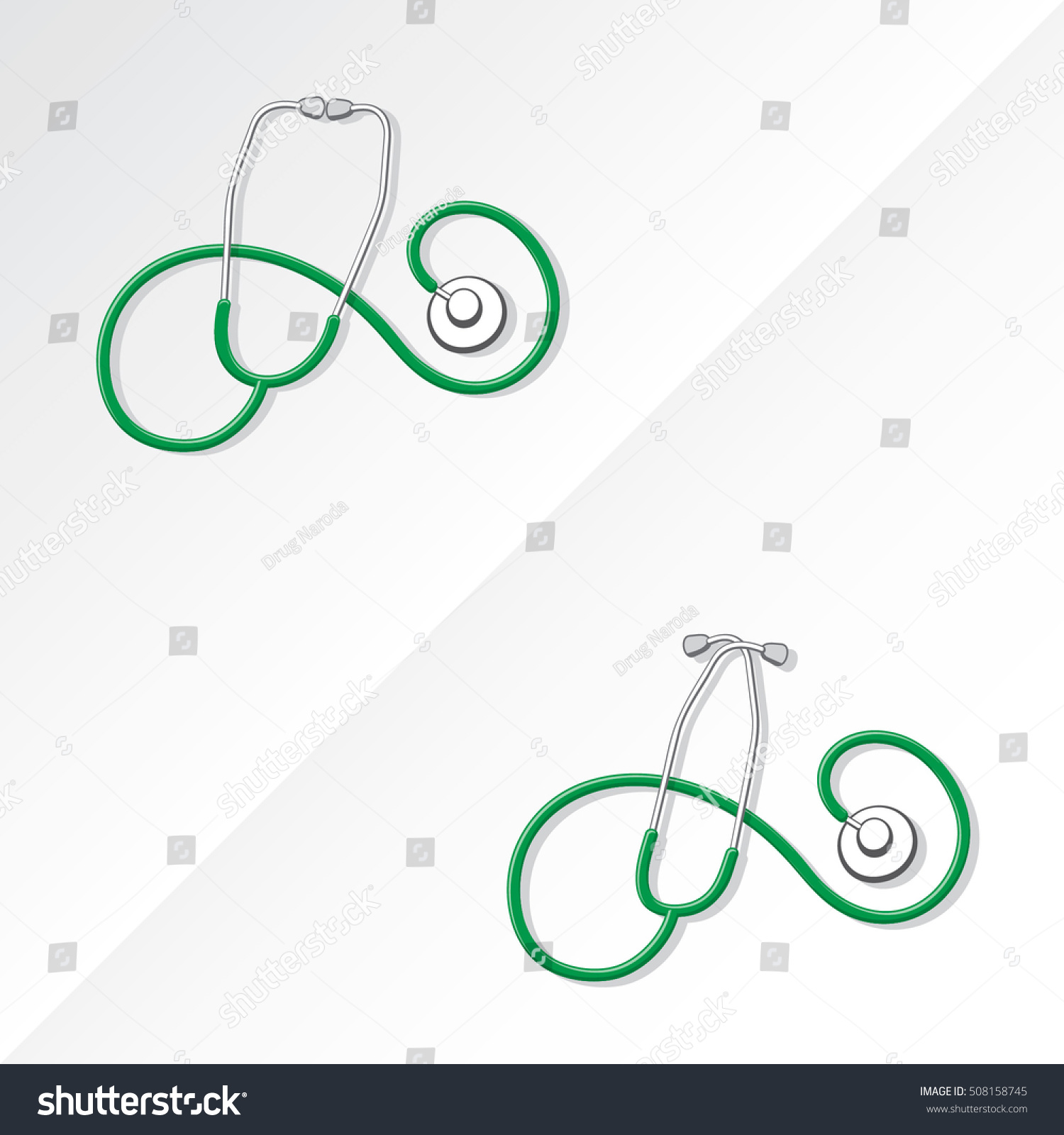 SVG of Two Medical Stethoscopes with Spiral Shape Tubing Icons Set One with Crossed Binaural Another with Eartips Put Together - Grayscale and Green Objects on White Background - Realistic Flat Design svg