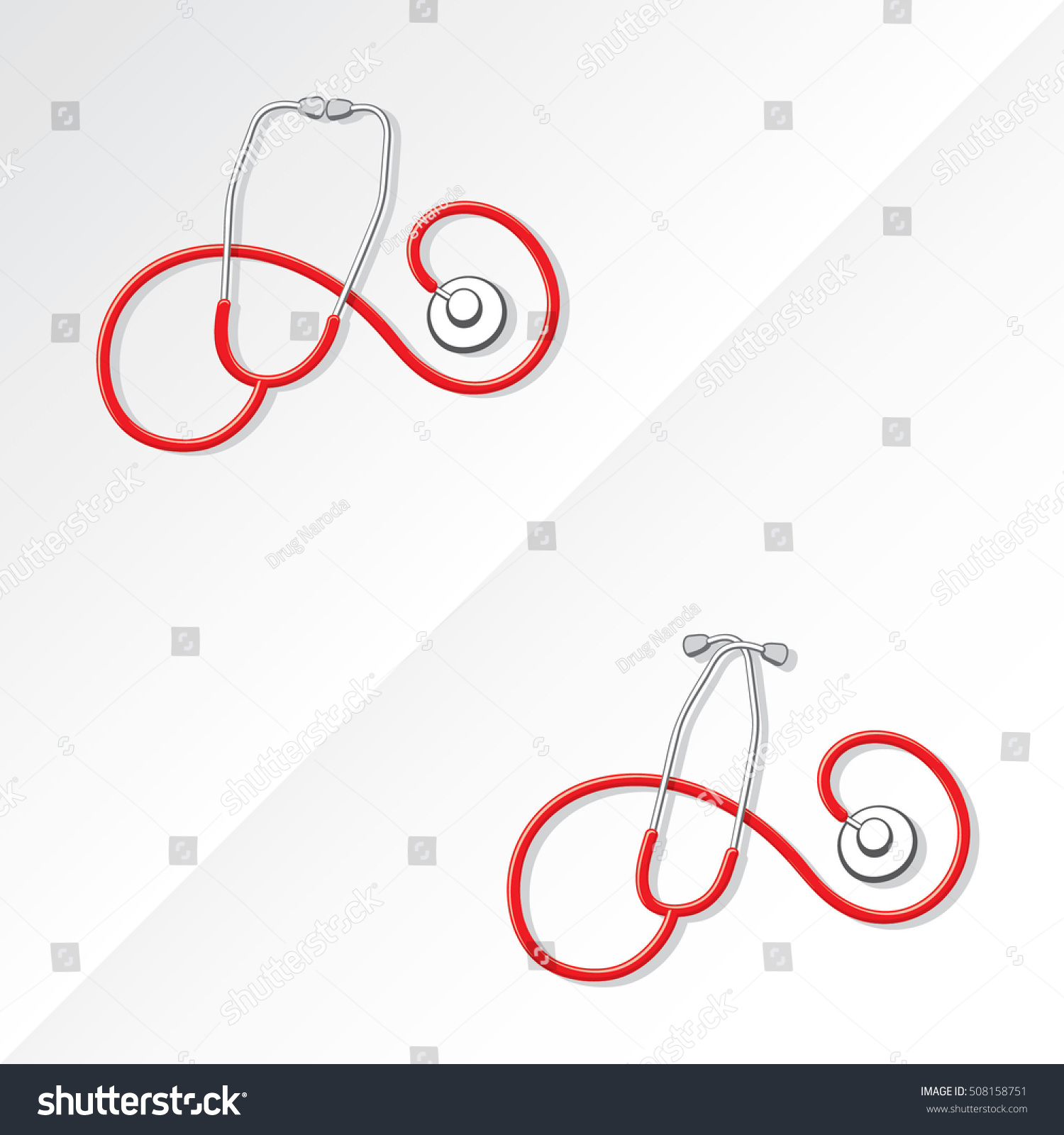 SVG of Two Medical Stethoscopes with Spiral Shape Tubing Icons Set One with Crossed Binaural Another with Eartips Put Together - Grayscale and Red Objects on White Background - Realistic Flat Design svg