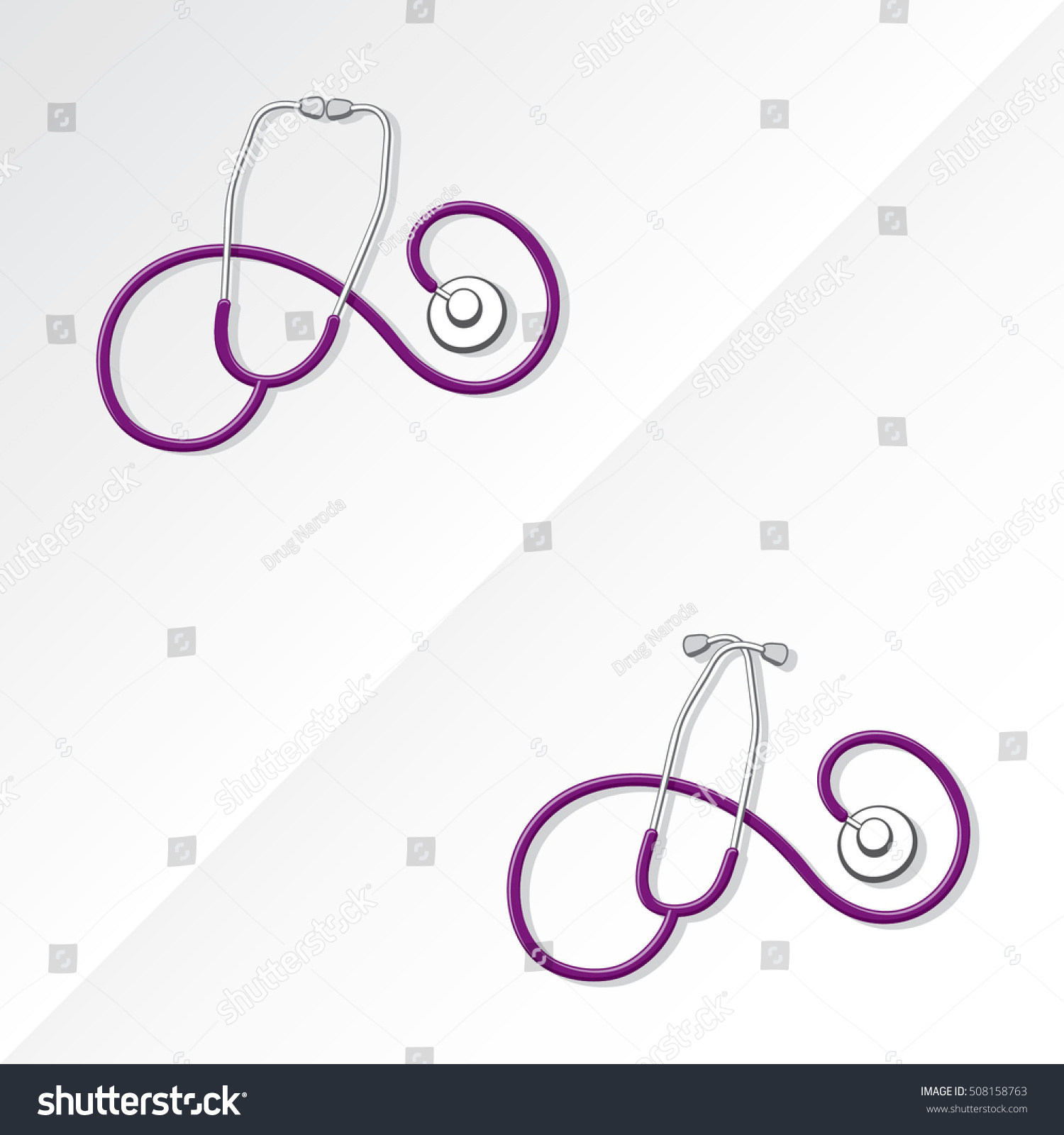 SVG of Two Medical Stethoscopes with Spiral Shape Tubing Icons Set One with Crossed Binaural Another with Eartips Put Together - Grayscale and Purple Objects on White Background - Realistic Flat Design svg