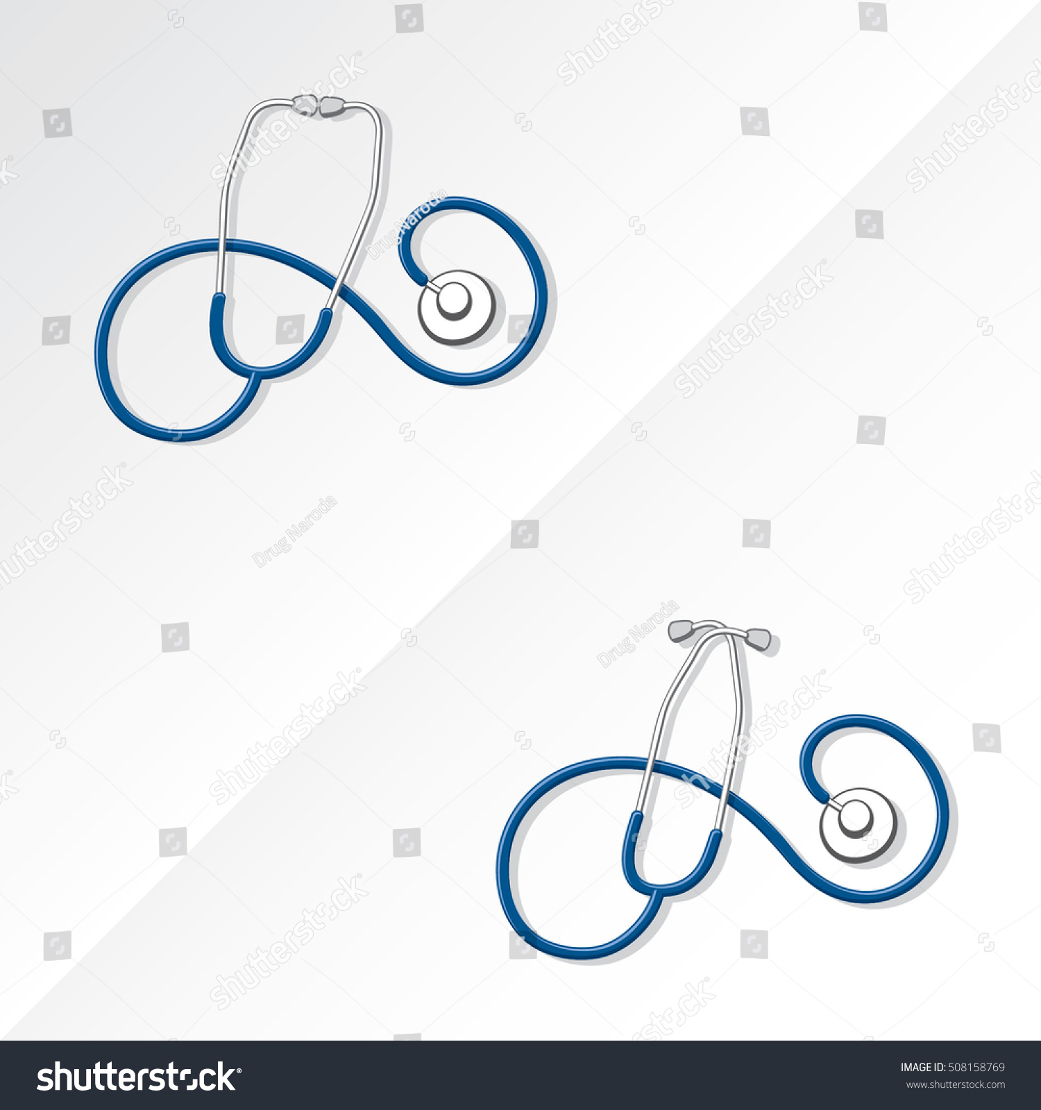 SVG of Two Medical Stethoscopes with Spiral Shape Tubing Icons Set One with Crossed Binaural Another with Eartips Put Together - Blue and Grayscale Objects on White Background - Realistic Flat Design svg