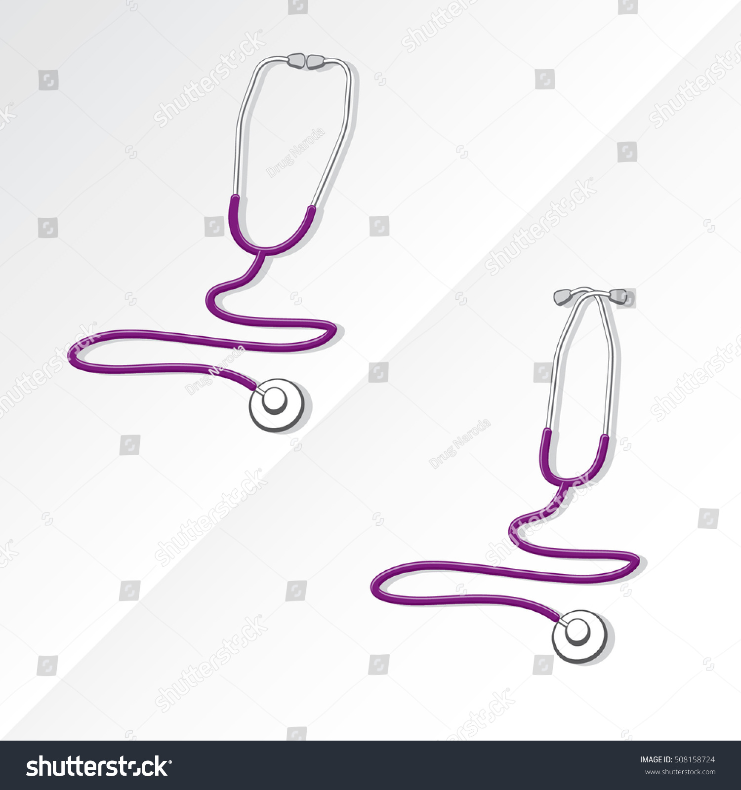 SVG of Two Medical Stethoscopes with Zigzag Shape Tubing Icons Set One with Crossed Binaural Another with Eartips Put Together - Grayscale and Purple Objects on White Background - Realistic Flat Design svg