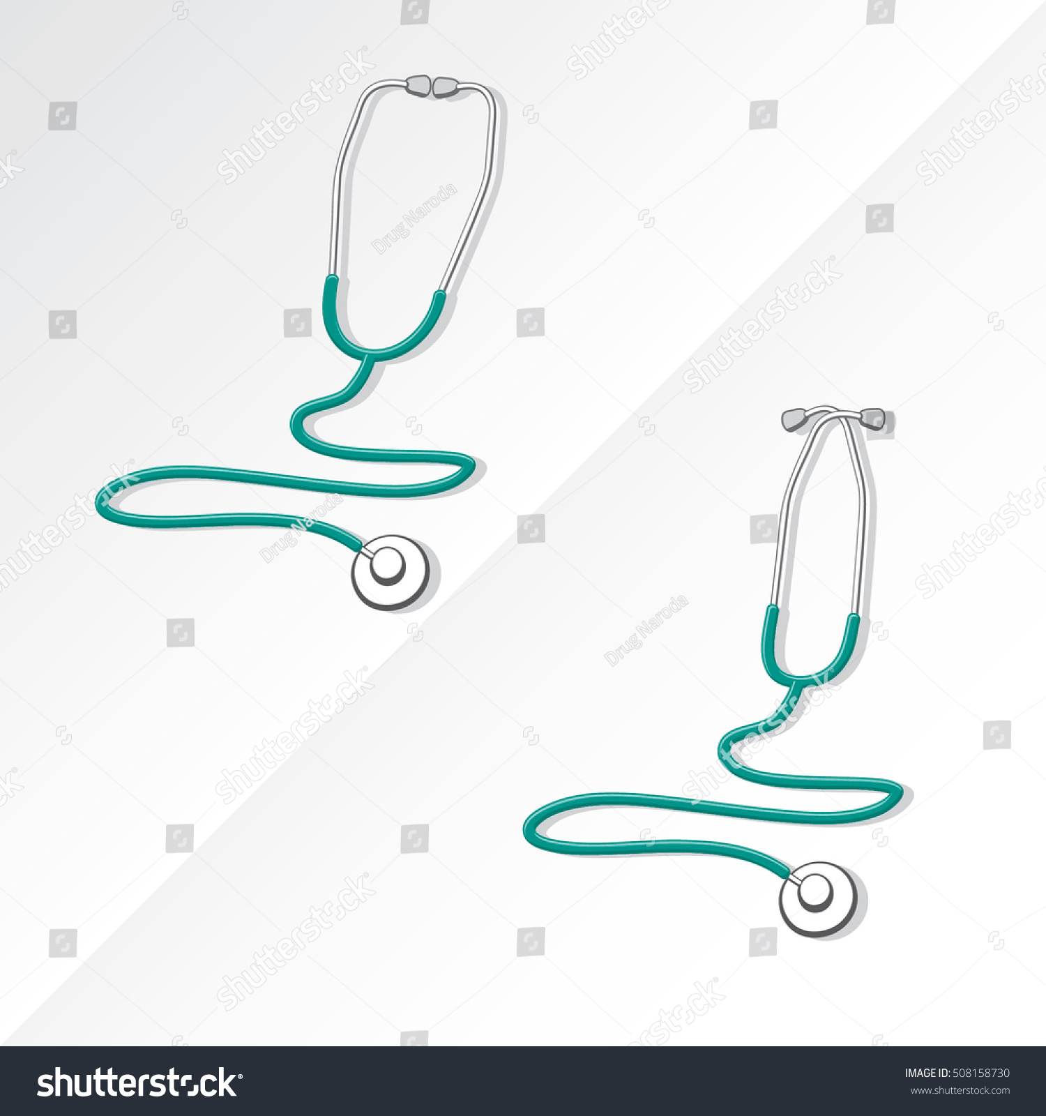 SVG of Two Medical Stethoscopes with Zigzag Shape Tubing Icons Set One with Crossed Binaural Another with Eartips Put Together - Grayscale and Turquoise Objects on White Background - Realistic Flat Design svg