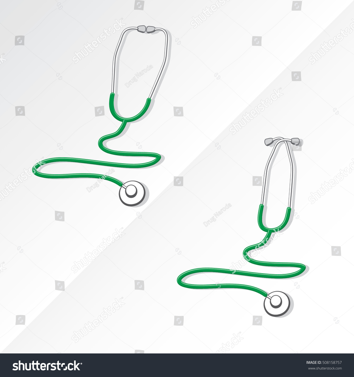 SVG of Two Medical Stethoscopes with Zigzag Shape Tubing Icons Set One with Crossed Binaural Another with Eartips Put Together - Grayscale and Green Objects on White Background - Realistic Flat Design svg