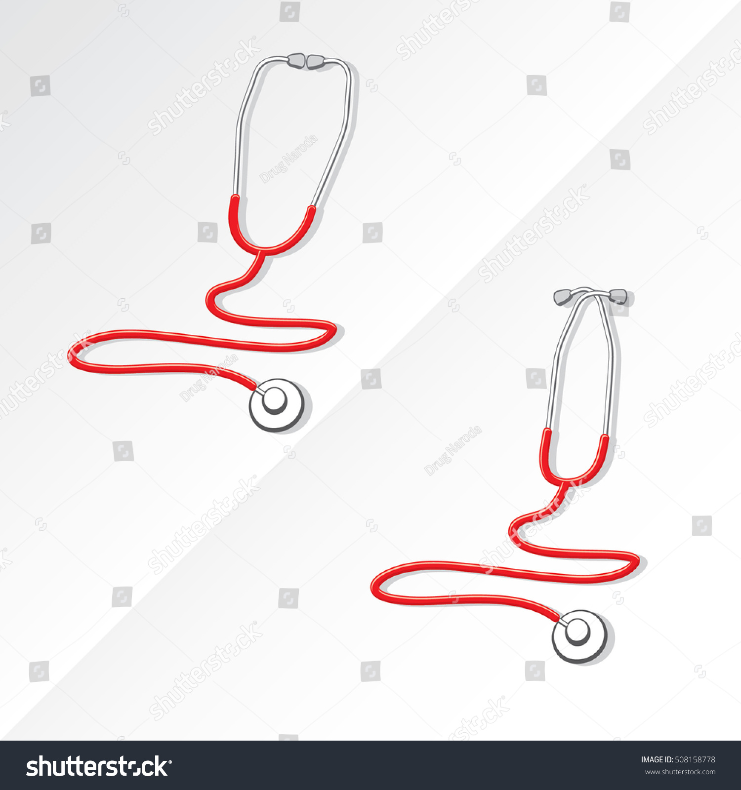 SVG of Two Medical Stethoscopes with Zigzag Shape Tubing Icons Set One with Crossed Binaural Another with Eartips Put Together - Grayscale and Red Objects on White Background - Realistic Flat Design svg