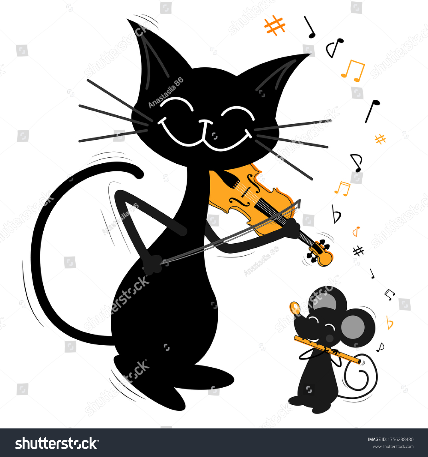 Two Musiciansfriends Black Cat Grey Mouse Stock Vector Royalty Free