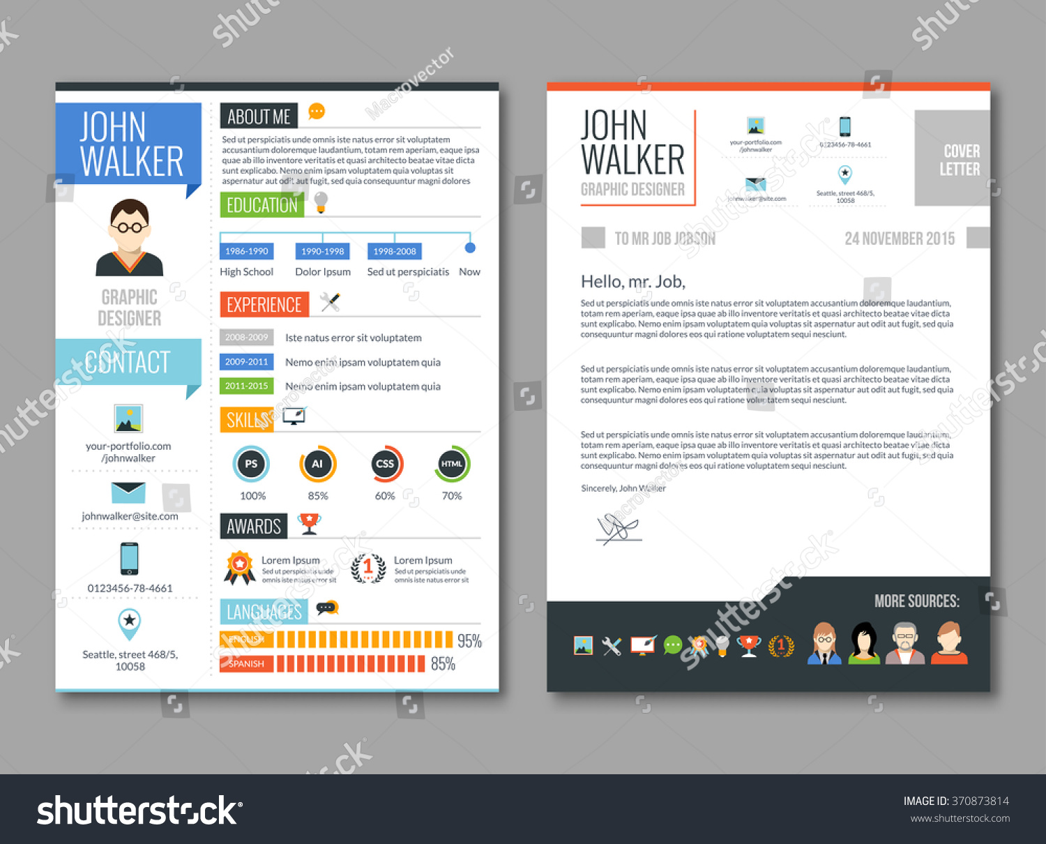 two pages job candidate cv template stock vector 370873814