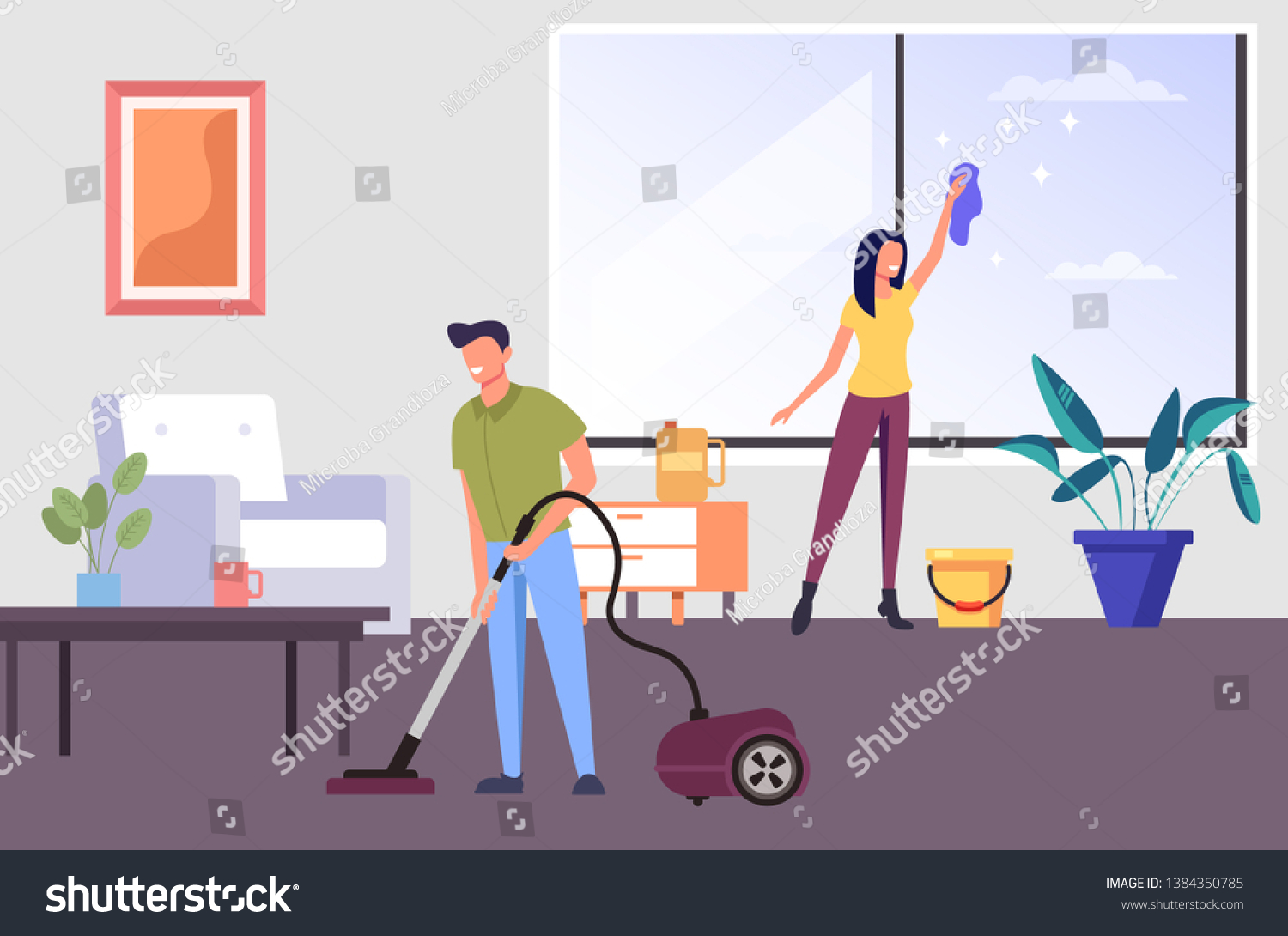 Two People Man Woman Characters Cleaning Stock Vector (royalty Free 