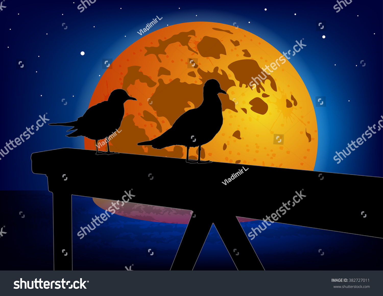 Two Seagulls On Moon Background Colorful Stock Vector Royalty Free