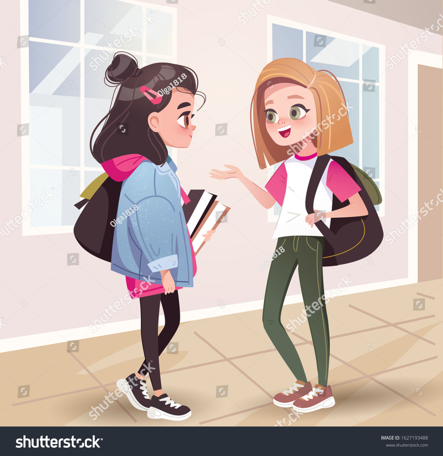 Two Teenage Girls Talking School Hallway Vetor Stock Livre De