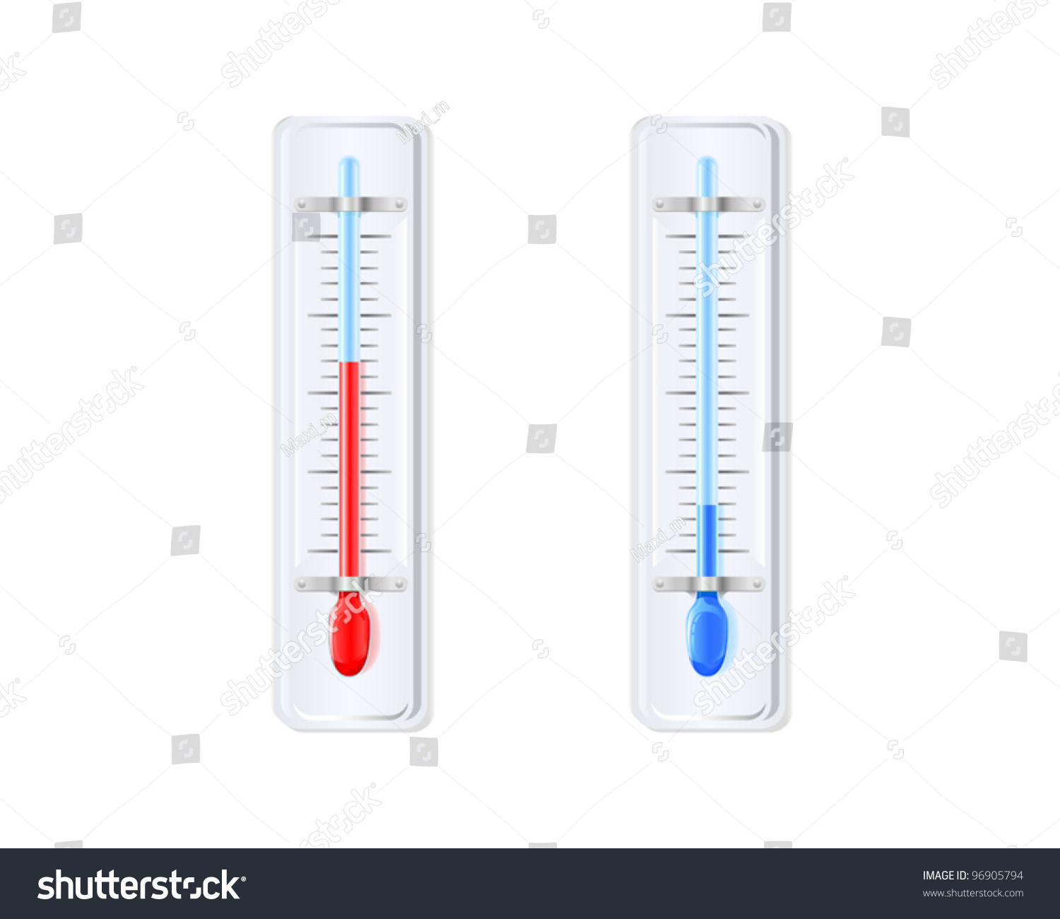 Two Thermometers With Blue And Red Indicators On A White Background ...