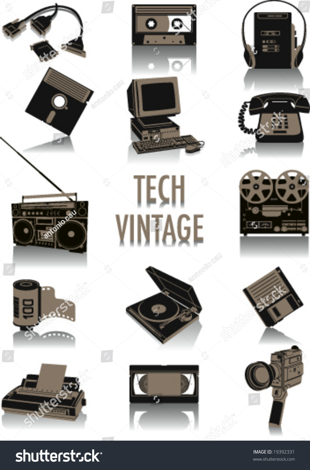 SVG of Two-tone silhouettes of vintage technological objects, part of a collection of fashion and lifestyle objects svg