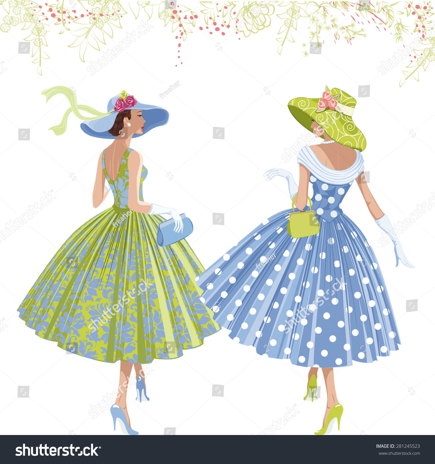 SVG of Two walking elegant women dressed in style of 1950s isolated on white background. svg