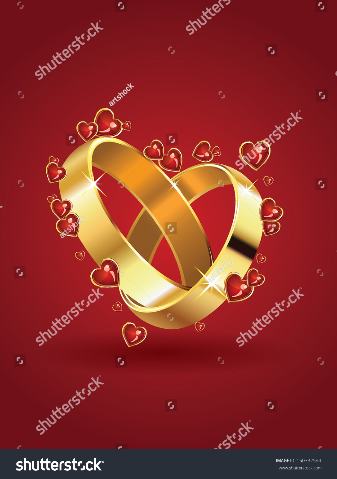 Two Wedding Rings In Heart Shape And Red Hearts Background. Stock ...