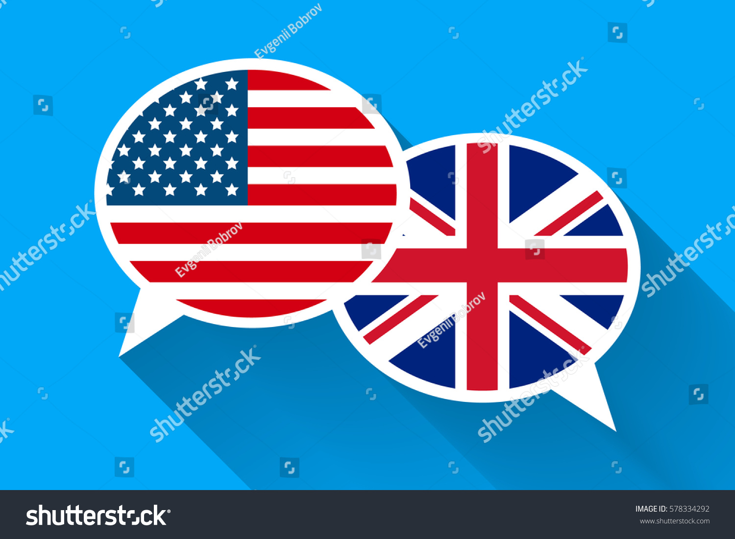 SVG of Two white speech bubbles with American and Great britain flags. English language conceptual illustration svg